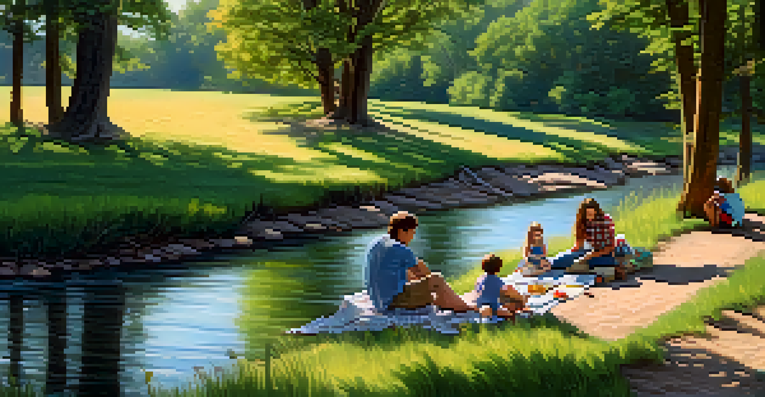 A family enjoying a picnic by a creek in a natural park, surrounded by trees and wildflowers.