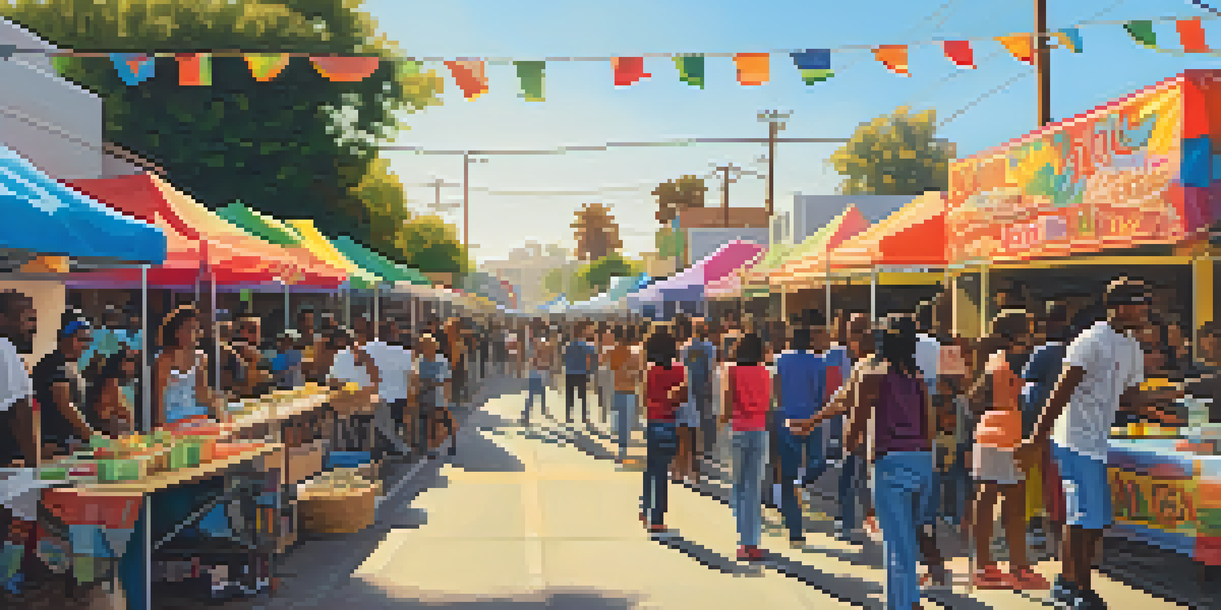 A lively outdoor block party in Compton with diverse young people, food stalls, and colorful decorations under warm sunlight.