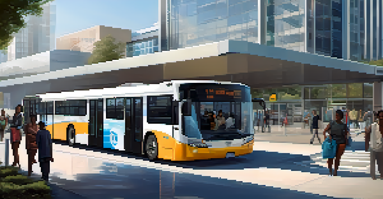 A modern public transportation hub with buses and people using mobile apps for real-time updates.
