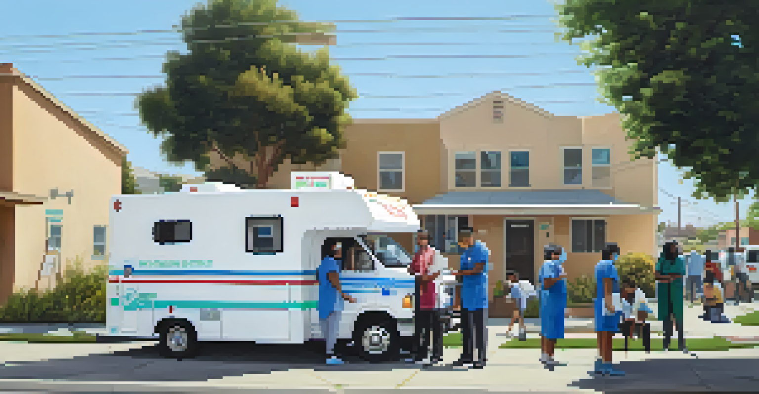 A mobile health clinic in a Compton neighborhood, where healthcare professionals are offering services to residents, creating a welcoming community atmosphere.