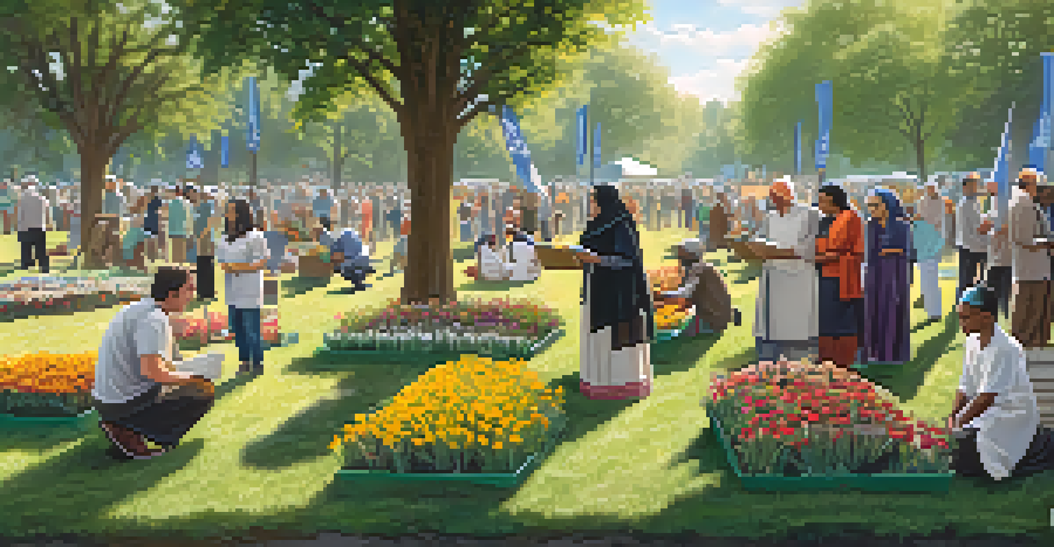 An interfaith community service event in a park with people from different religious backgrounds planting flowers and cleaning up.