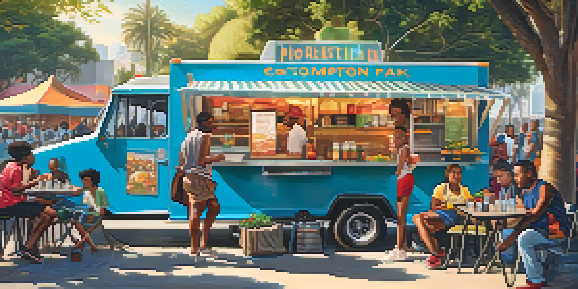 A lively food truck scene in Compton with people enjoying street food in a park setting.