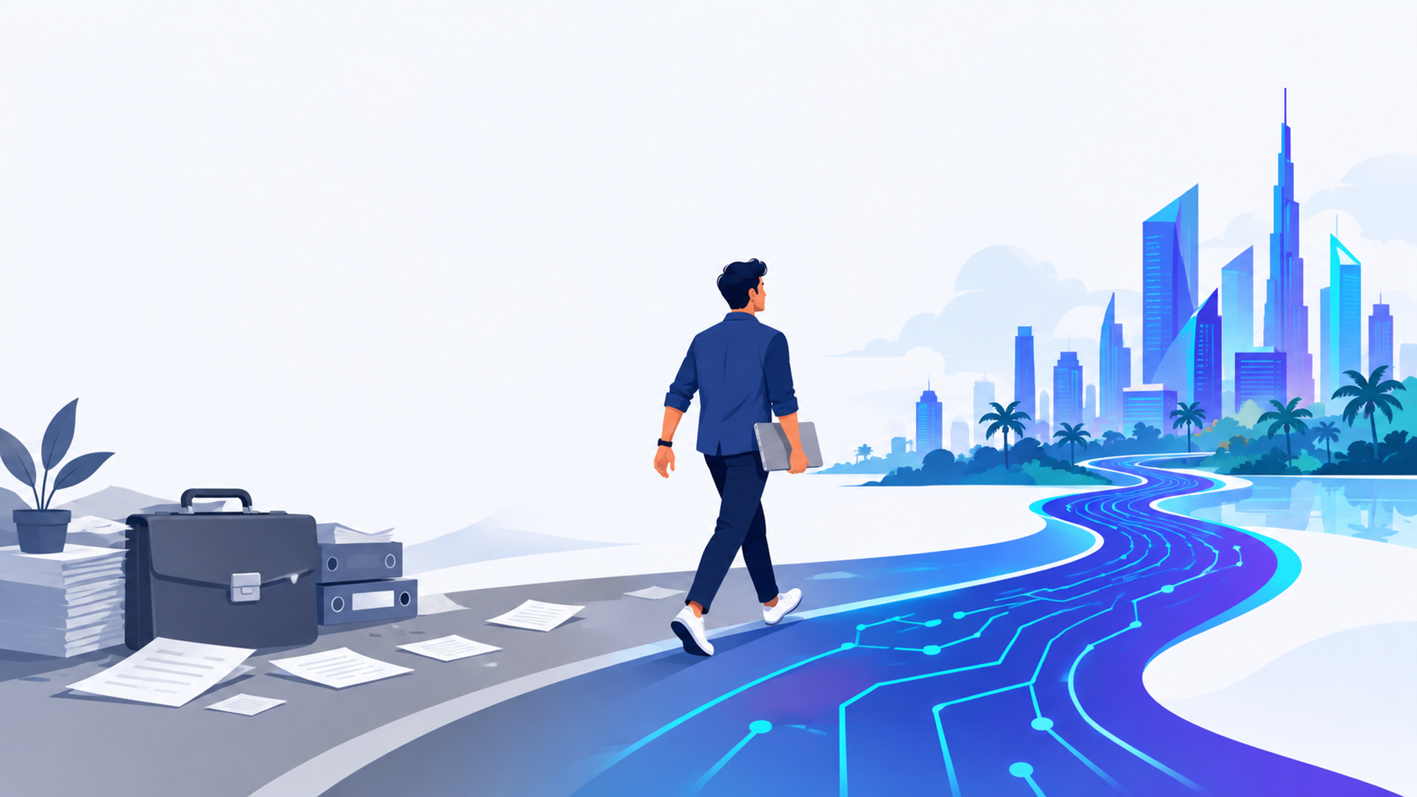 Illustration of a career path turning from paperwork into a glowing tech road toward Kerala's IT skyline.