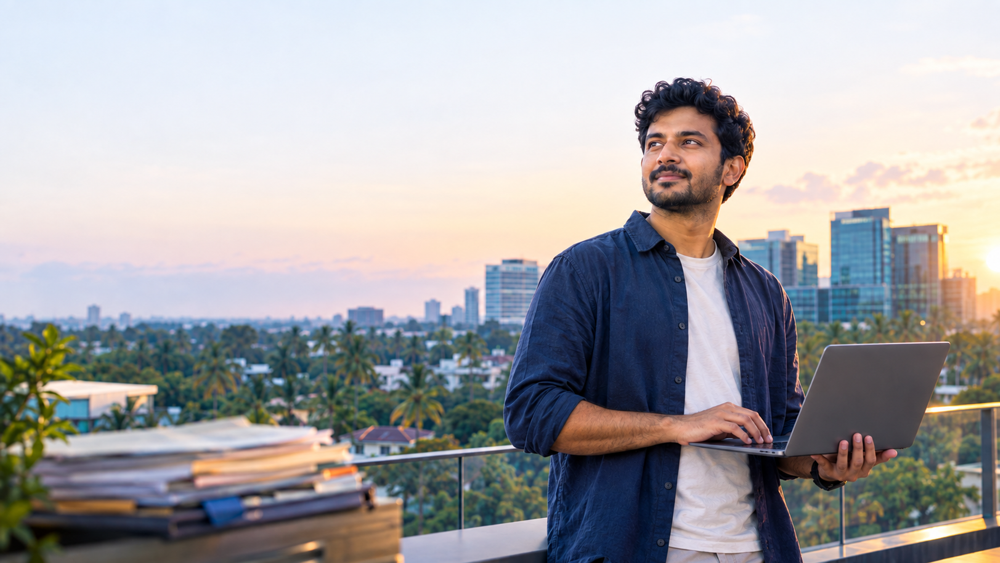 Professional switching to an IT career in Kerala, laptop in hand, overlooking Kochi's tech skyline.