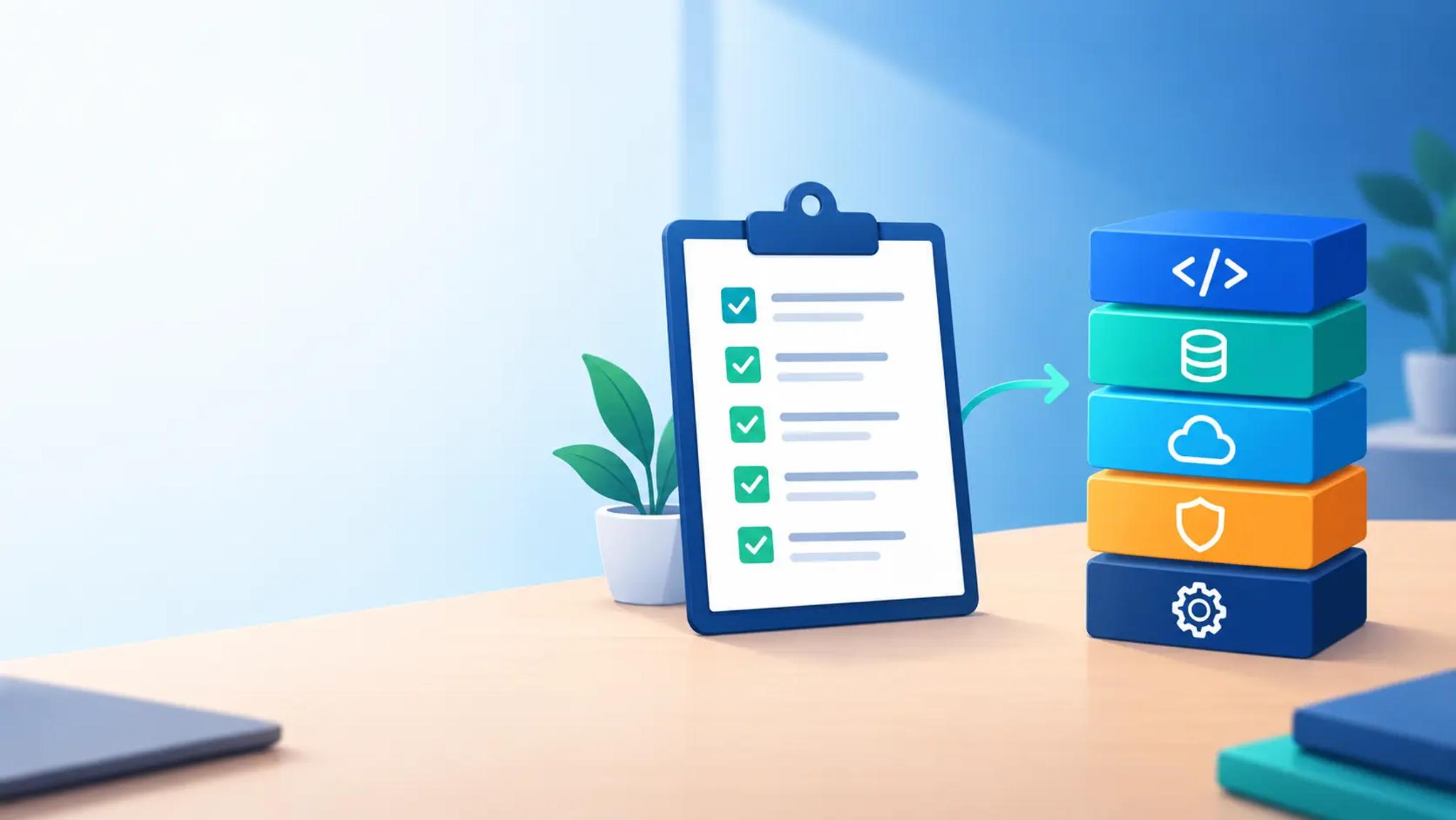 Illustration of a course syllabus checklist beside stacked blocks representing a software tech stack