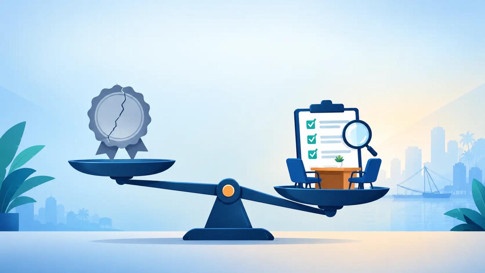Scale weighing a cracked guarantee badge against a placement support checklist for IT courses in Kerala
