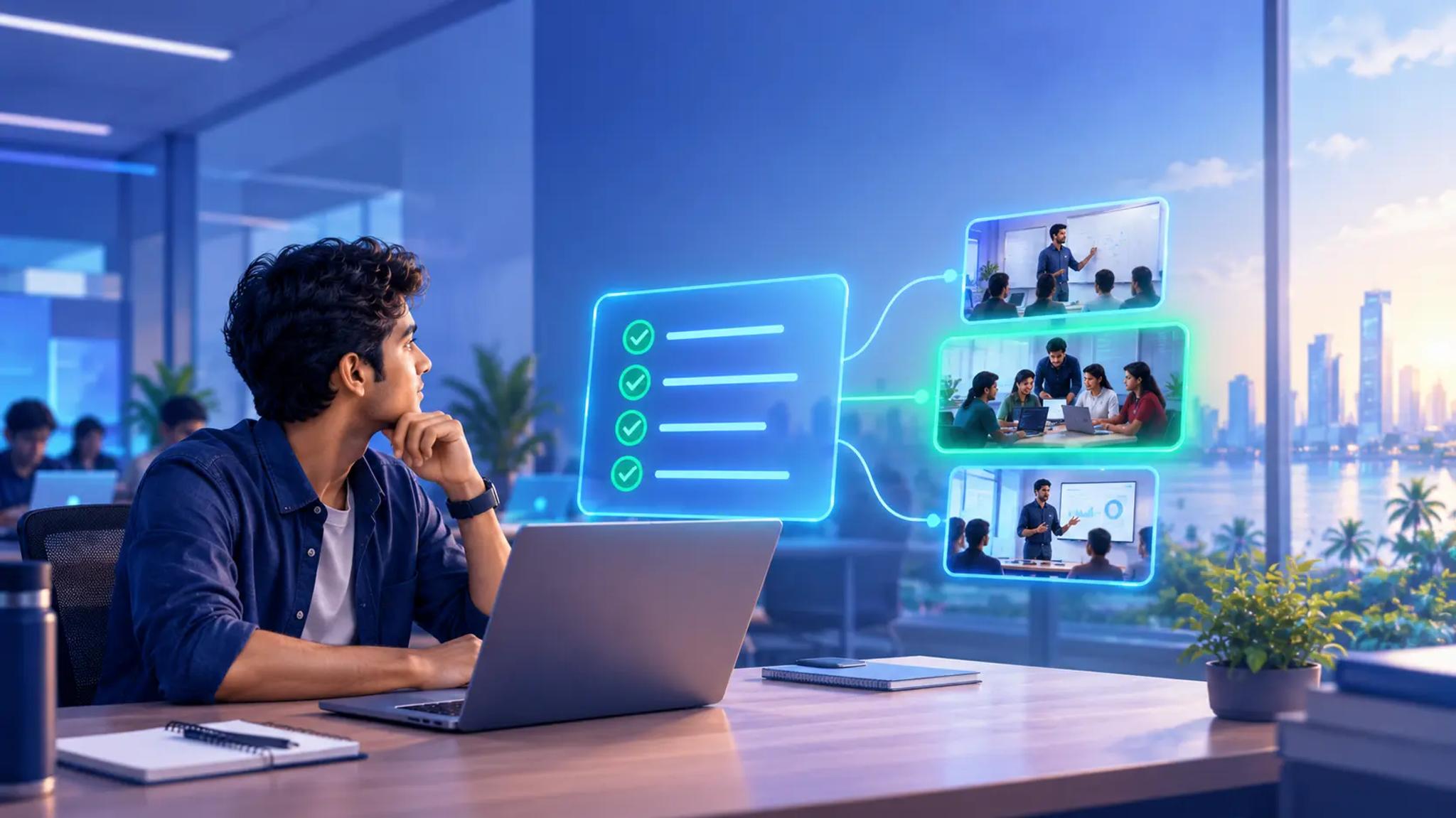 Promotional poster for a software training institute in Kochi featuring students in a classroom, placement support, and courses in AI, data science, data analytics, Python, Java, cloud data engineering, and robotics.