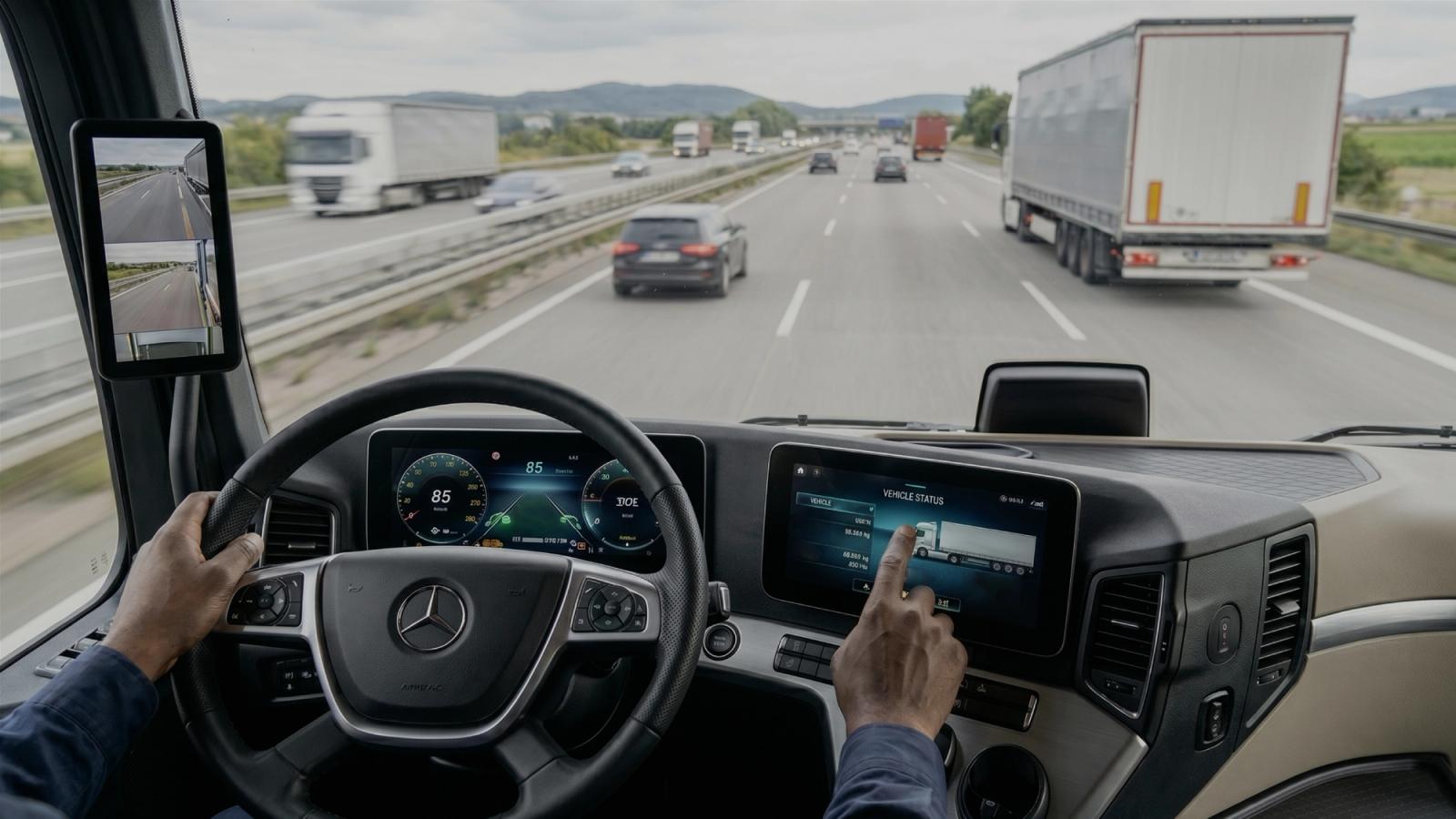 Driver using modern truck dashboard safety systems