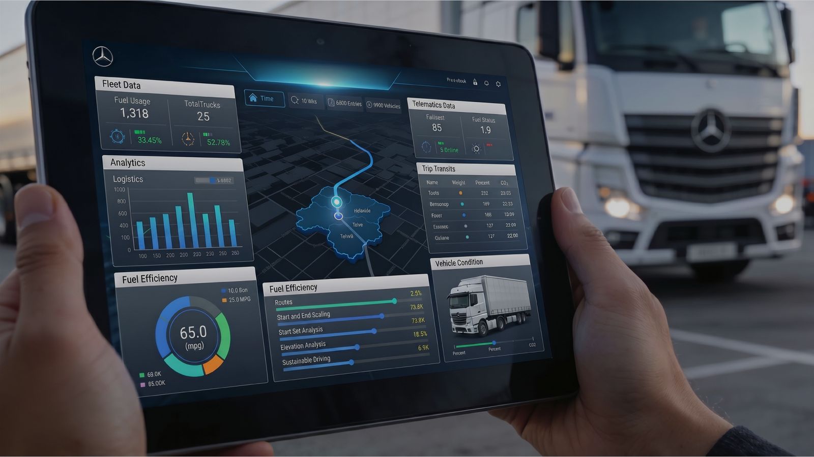 Close-up of a telematics dashboard showing fleet data