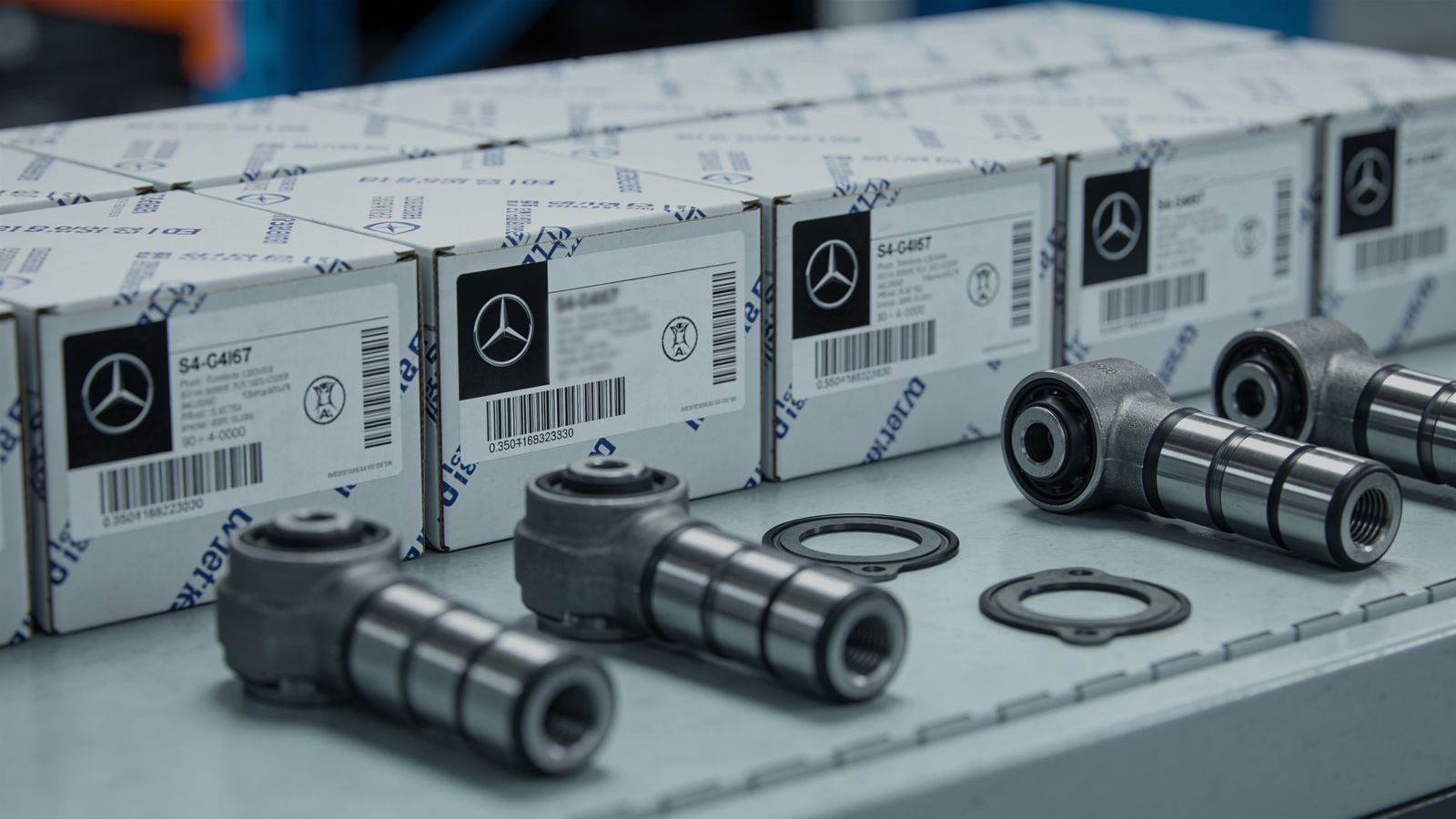 Close-up of genuine Daimler spare parts in packaging