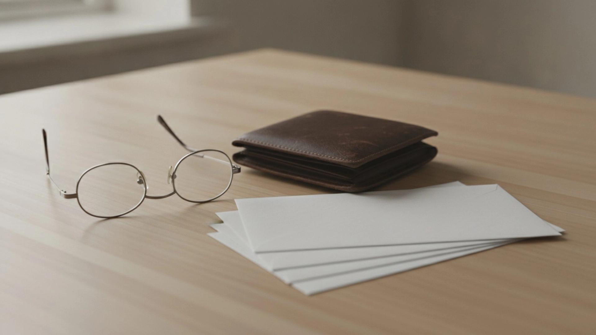 Reading glasses resting on a closed leather wallet beside a stack of unopened post on a kitchen table, representing a family sorting out finances after a death