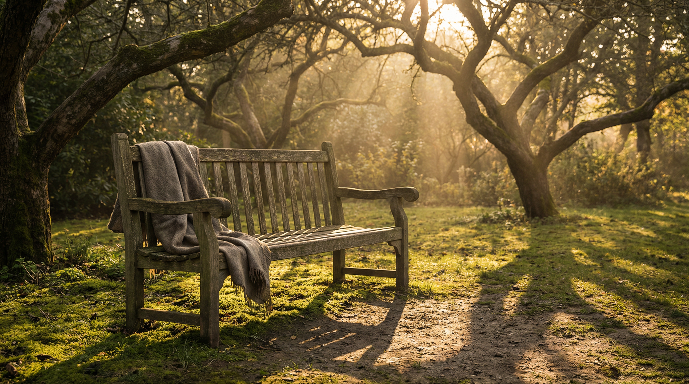 A wooden bench in a quiet park in late afternoon light with dappled tree shadows, suggesting the simple act of showing up for someone who is grieving