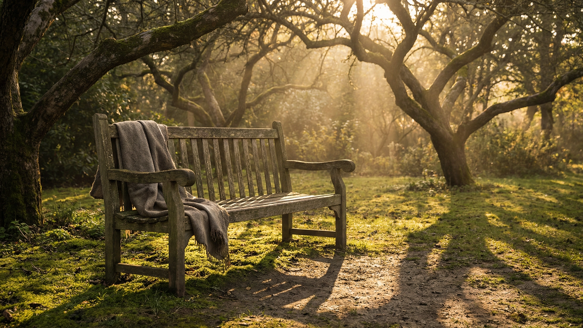 A wooden bench in a quiet park in late afternoon light with dappled tree shadows, suggesting the simple act of showing up for someone who is grieving