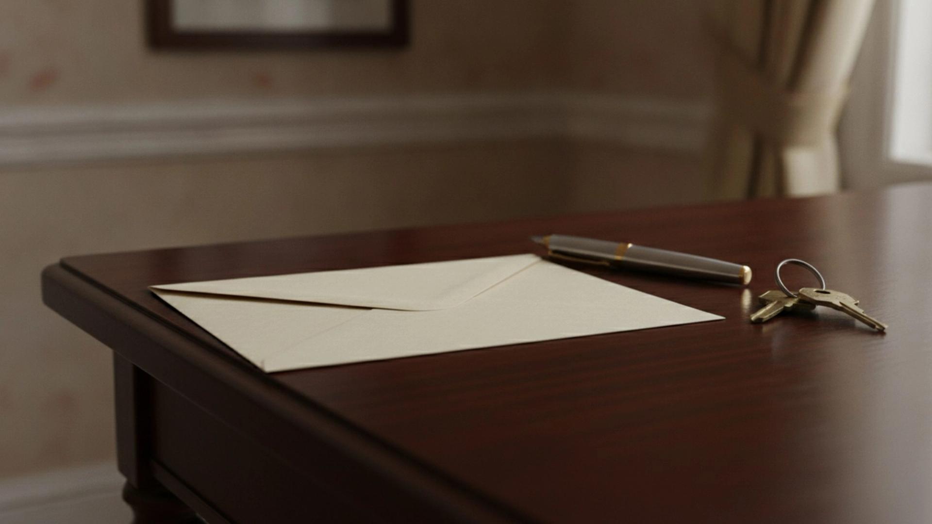 An official cream envelope on a wooden hall table beside a fountain pen and house keys, representing the paperwork that follows a death in Ireland