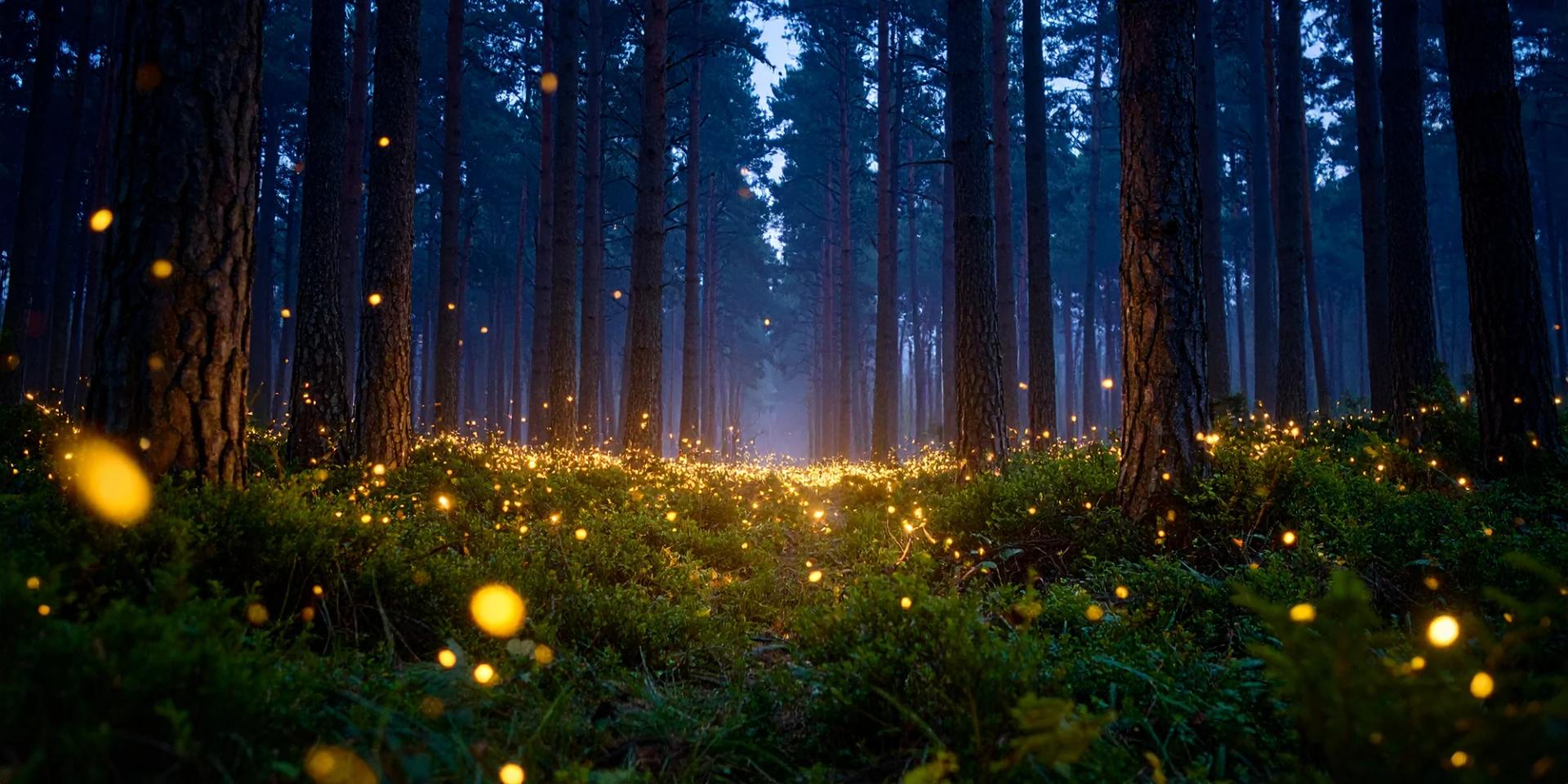 Tall forest trees with glowing fireflies among the trunks at dusk