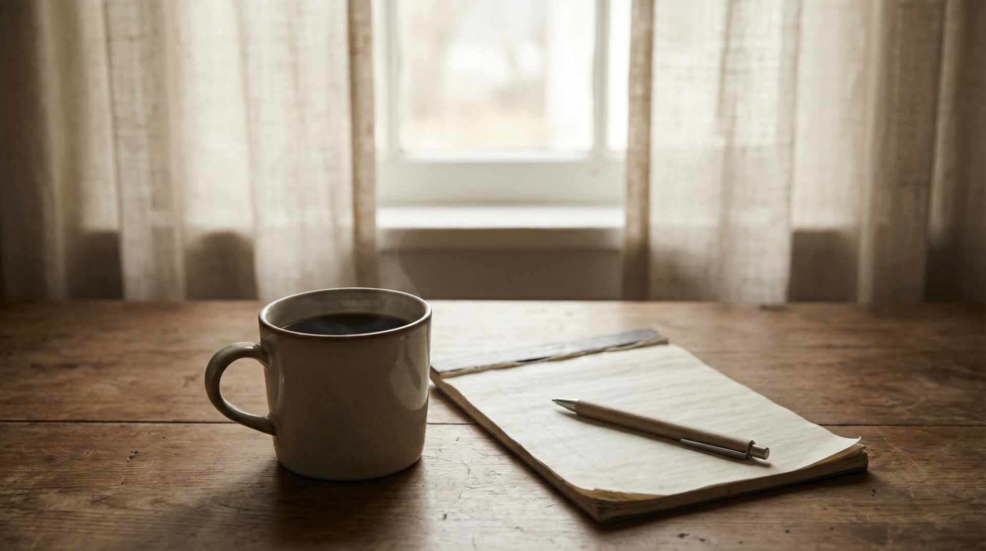 A cup of tea beside a notepad and pen on a kitchen table in soft morning light, suggesting quiet preparation after a bereavement