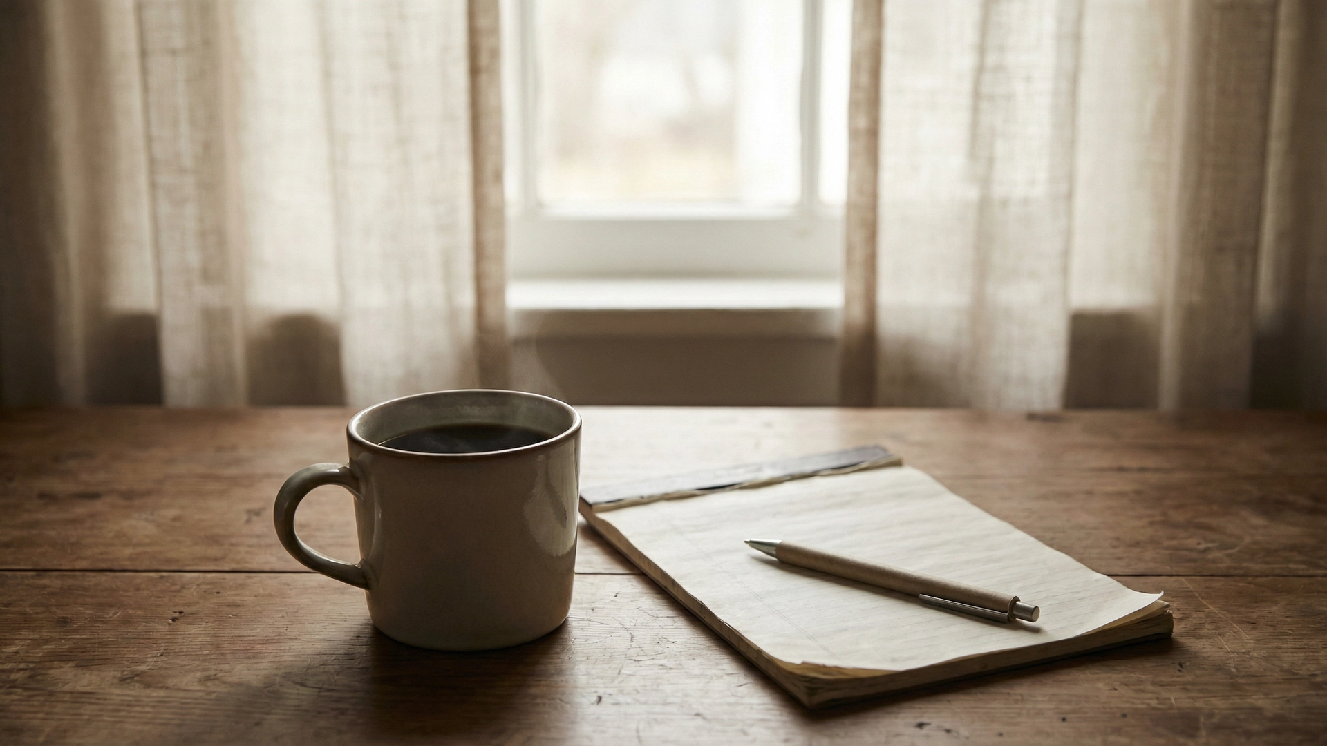 A cup of tea beside a notepad and pen on a kitchen table in soft morning light, suggesting quiet preparation after a bereavement