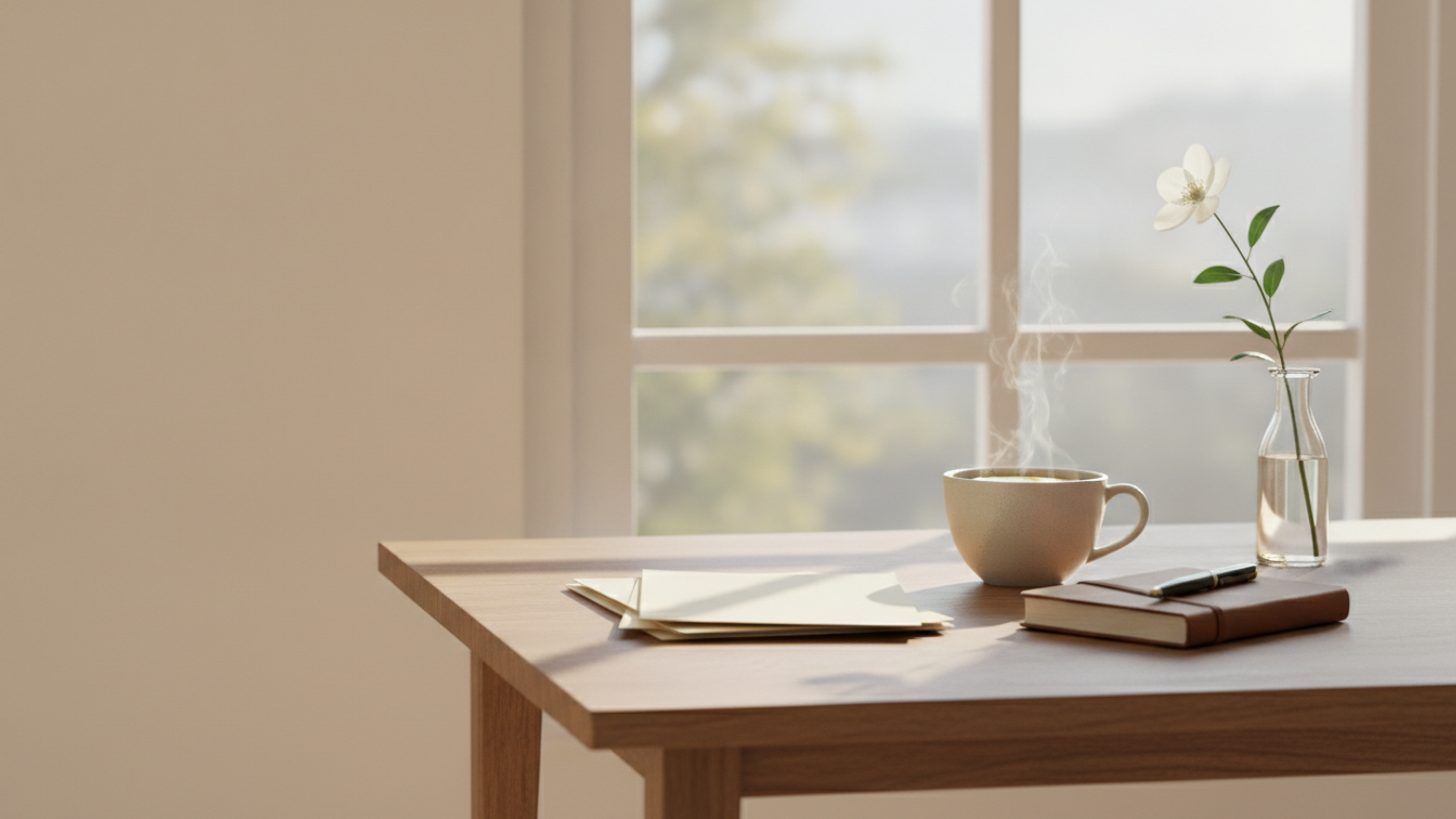 Soft morning light on a quiet table with a cup of tea, a notebook and papers
