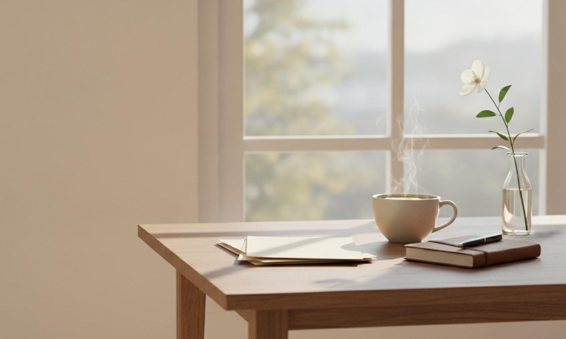 Soft morning light on a quiet table with a cup of tea, a notebook and papers