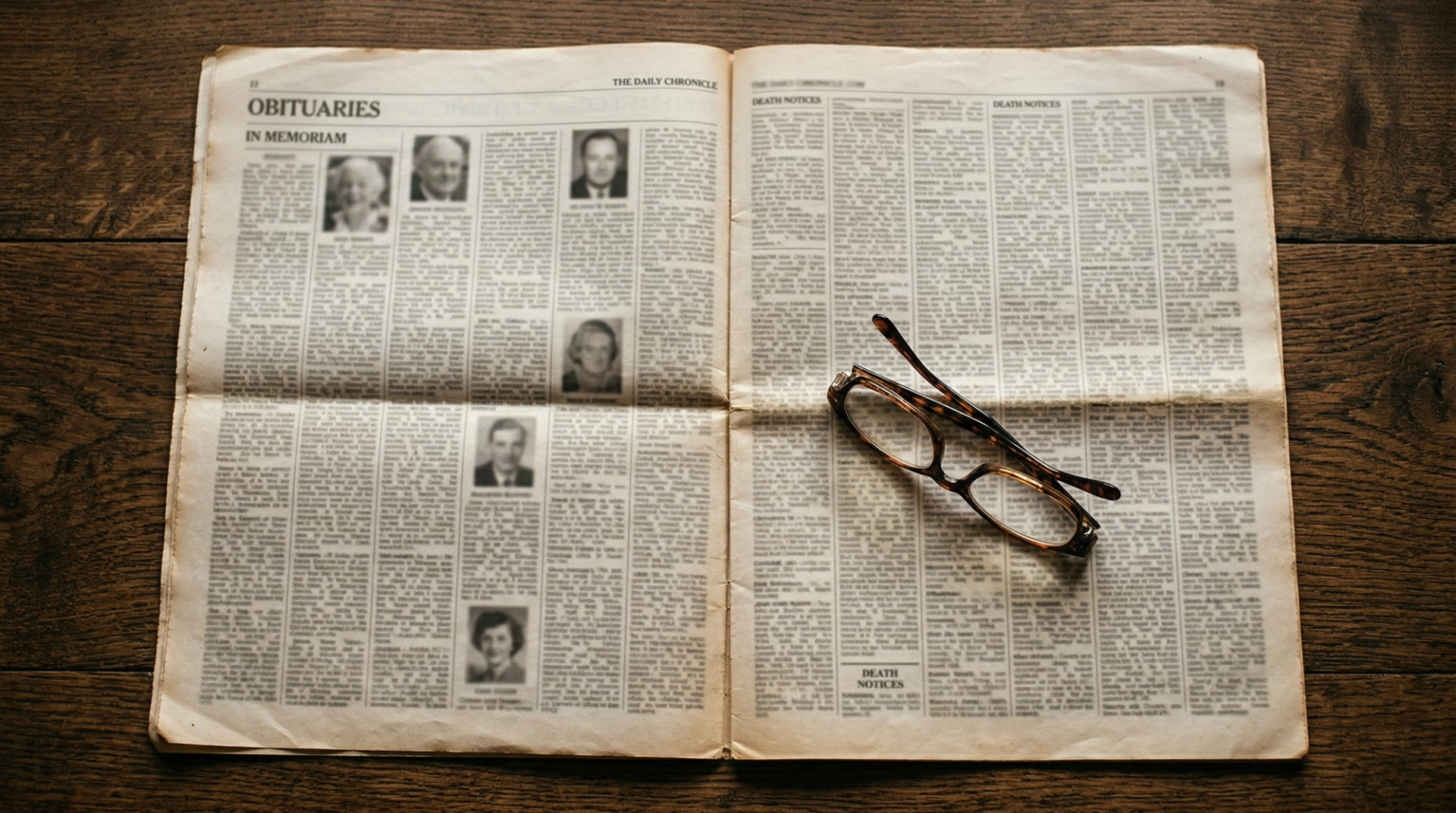 A broadsheet newspaper open to the obituaries page on a dark wooden table with tortoiseshell reading glasses resting on the page, photographed from above in soft natural light, representing the process of writing and reading an obituary
