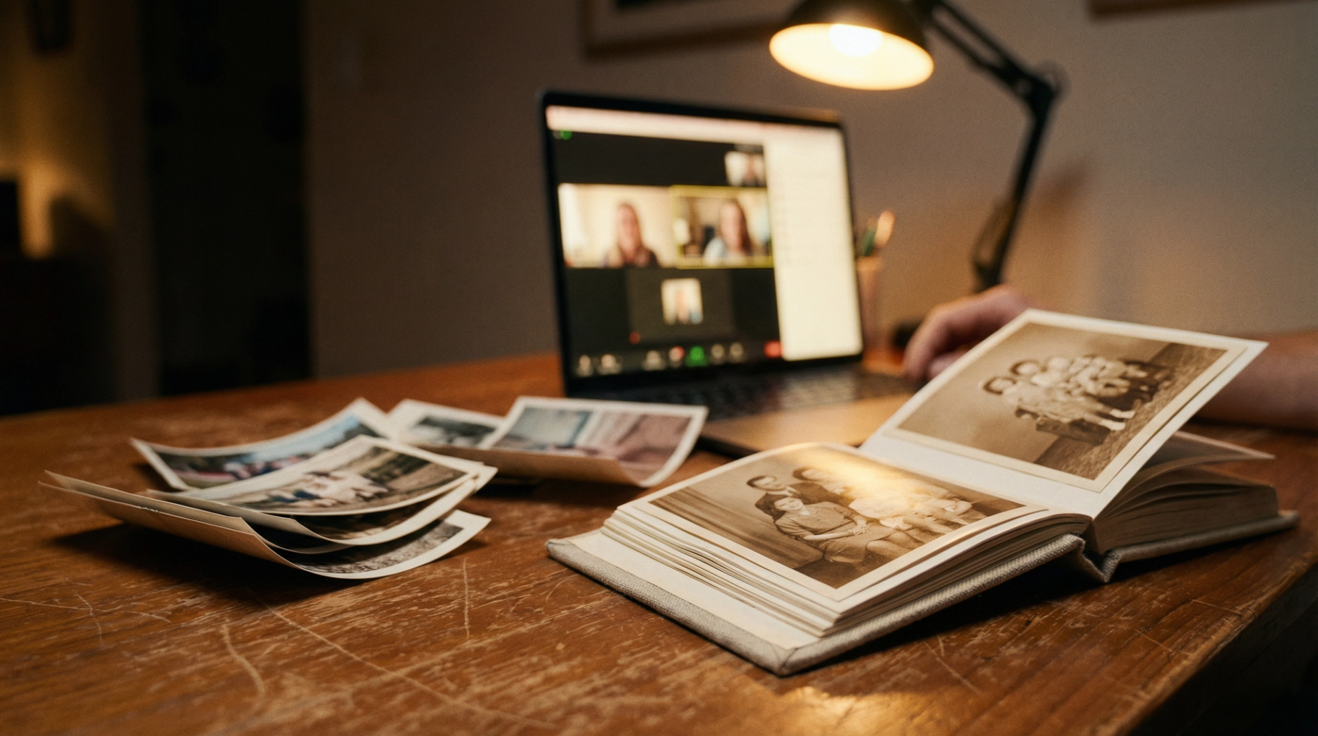 Loose photographs and a photo album spread on a wooden table with an open laptop glowing softly in the background, suggesting the gathering of memories to share with family far away