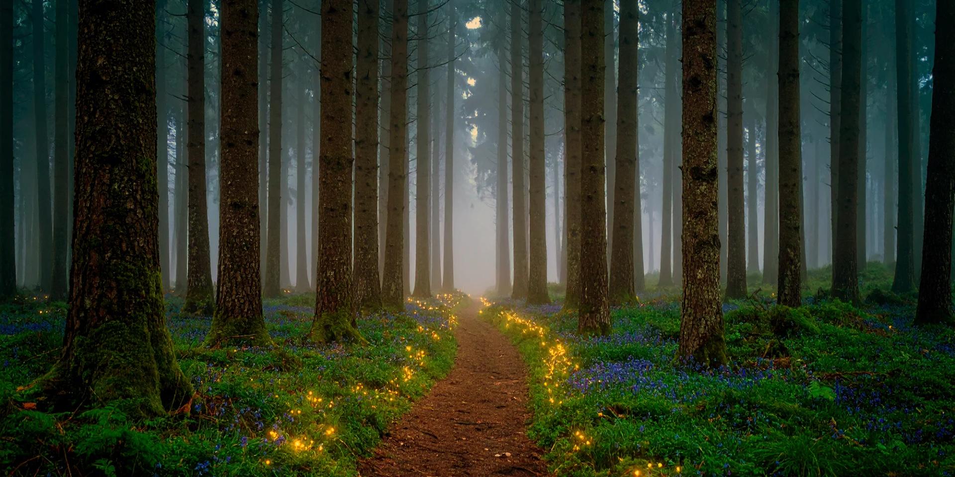 Misty forest path lined with bluebells and soft glowing lights