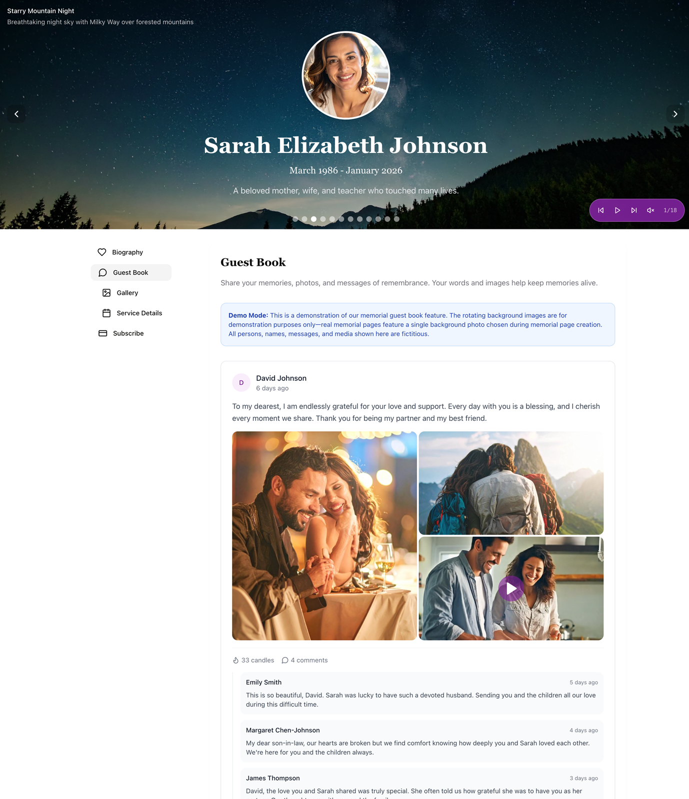 Screenshot of an online memorial page showing photos, stories, and candles