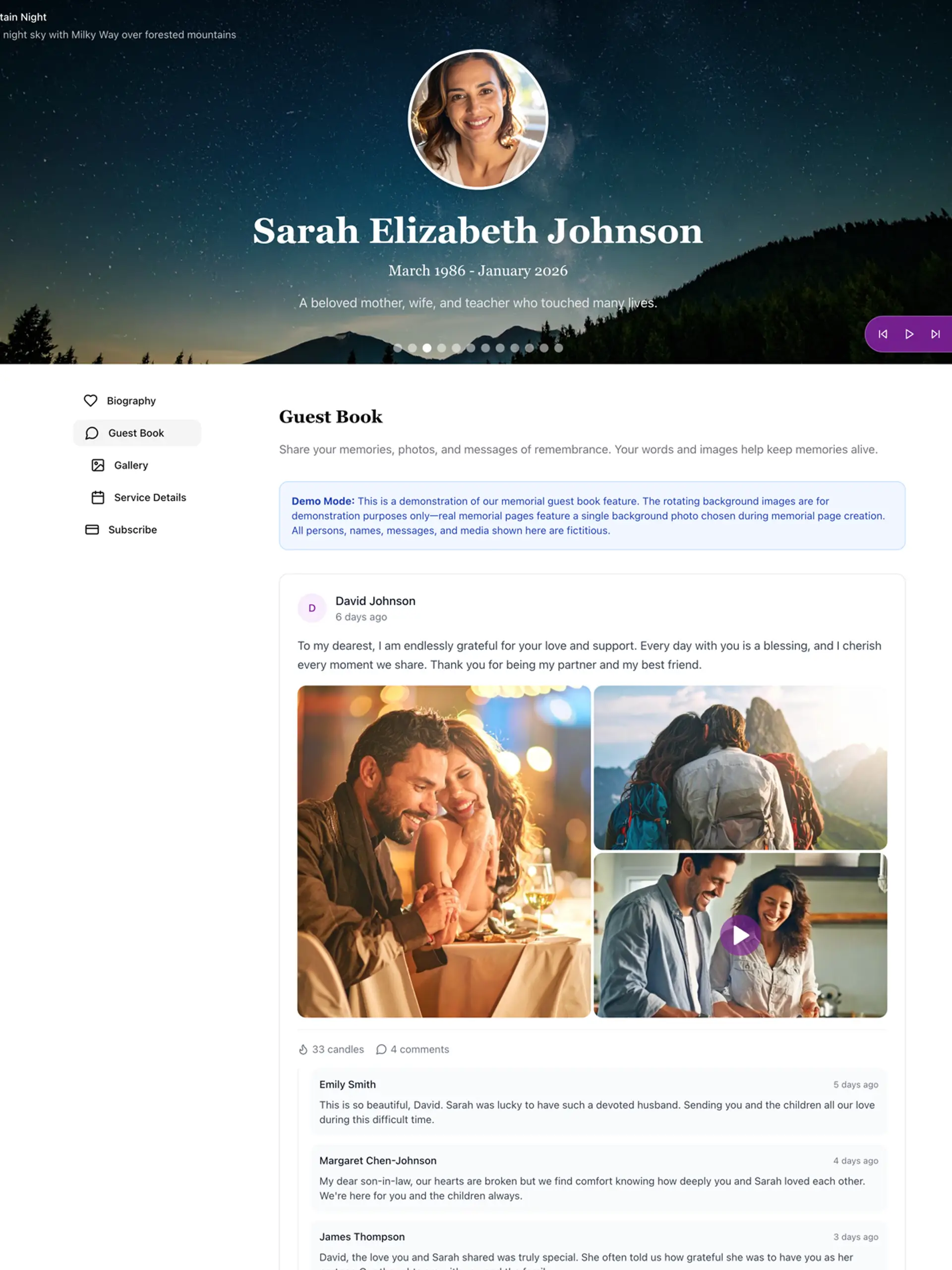 Screenshot of an online memorial page showing photos, stories, and candles