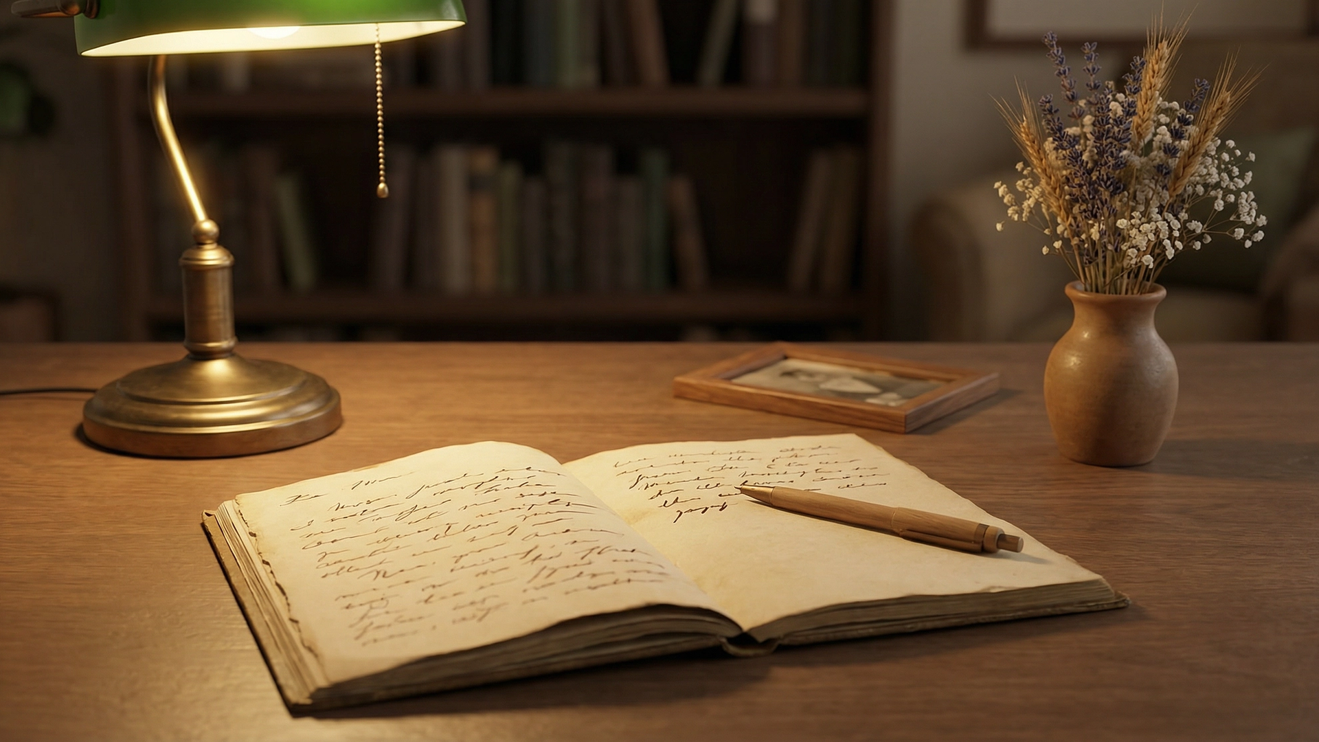 An open notebook with a pen resting on handwritten pages beside dried wildflowers and a photograph, representing the process of writing a tribute to someone who has died