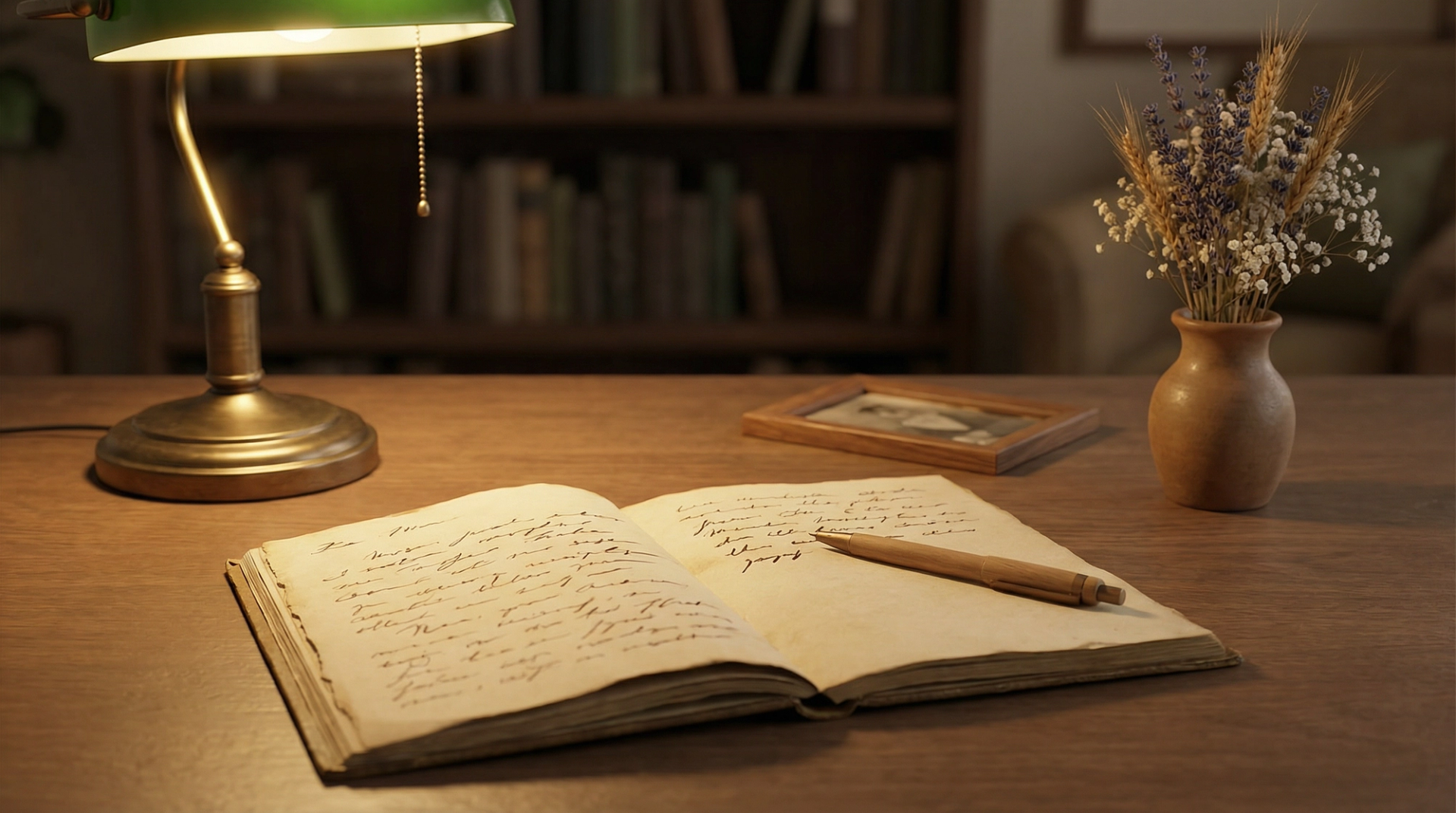 An open notebook with a pen resting on handwritten pages beside dried wildflowers and a photograph, representing the process of writing a tribute to someone who has died