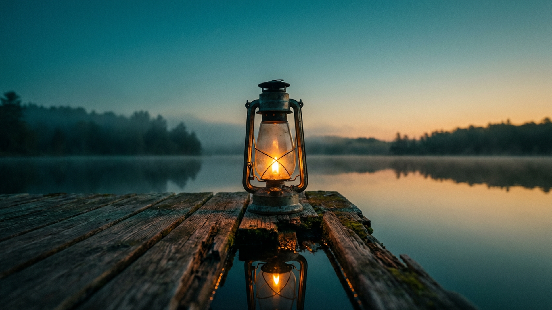A lit candle in a glass lantern on a weathered wooden dock at dusk with a calm lake and misty treeline in the background, symbolising the growing movement toward digital memorials