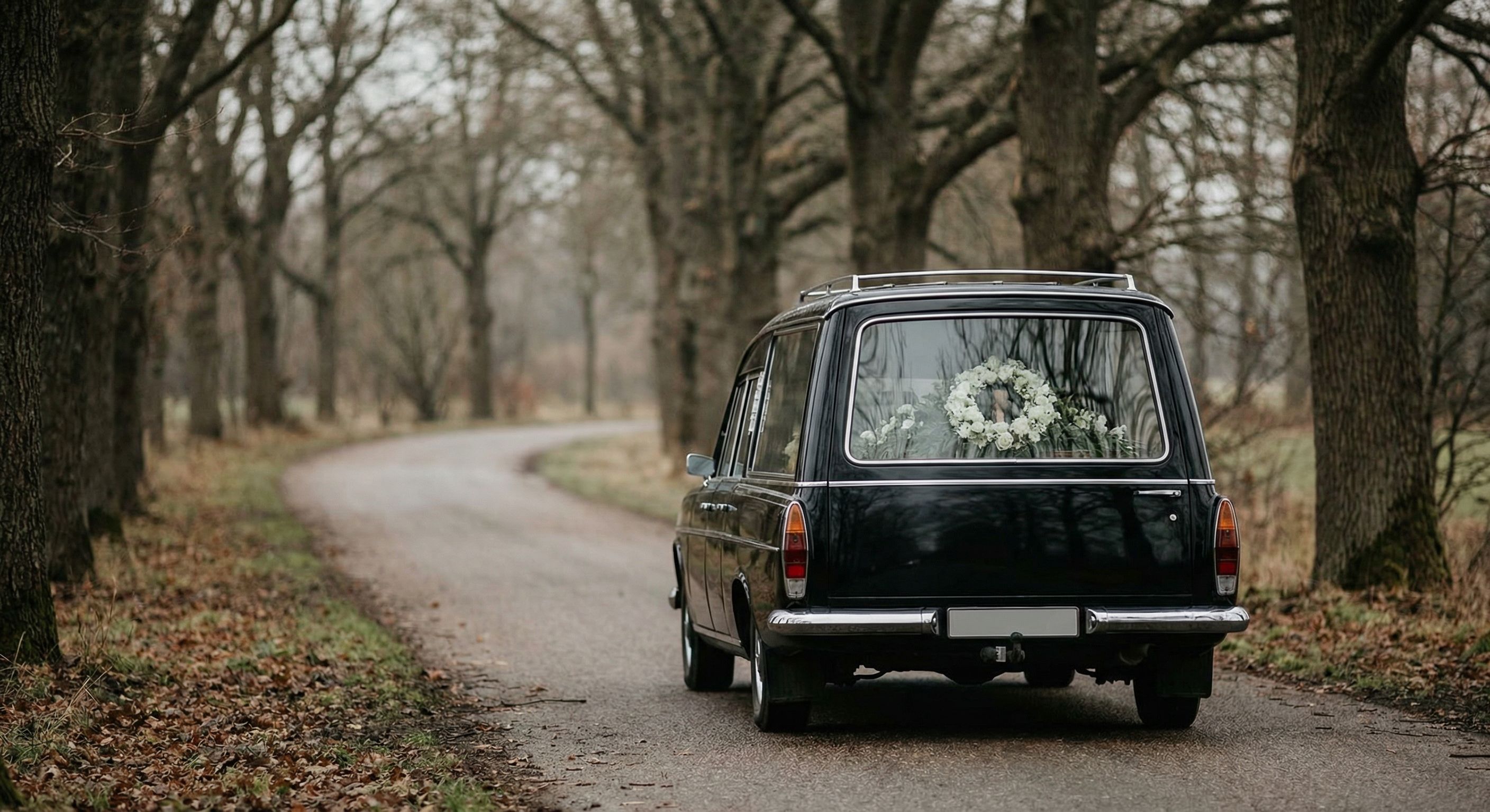 A black hearse with a white floral arrangement visible through the rear window, driving along a quiet tree-lined lane covered in autumn leaves, representing the costs involved in arranging a funeral