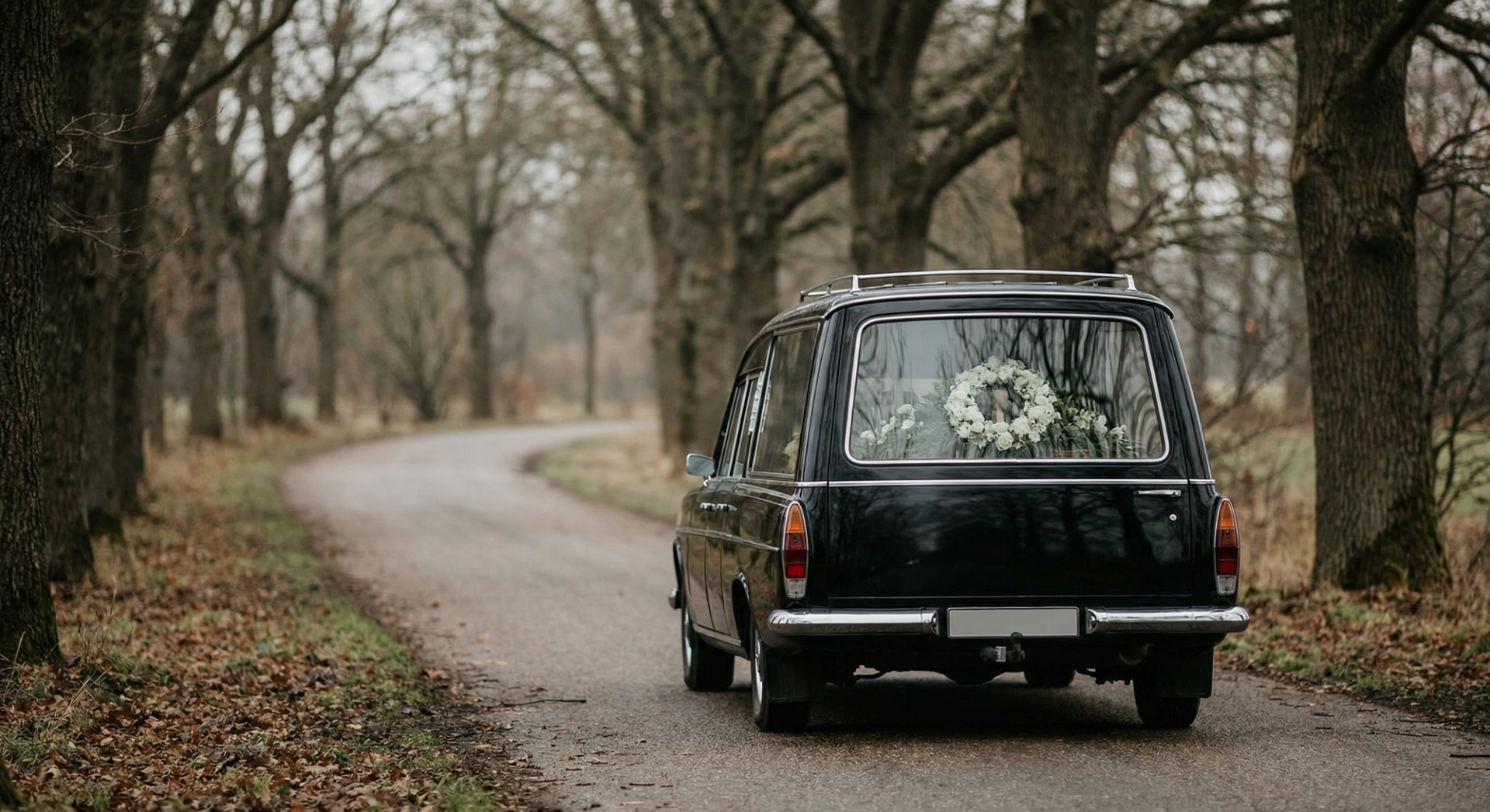 A black hearse with a white floral arrangement visible through the rear window, driving along a quiet tree-lined lane covered in autumn leaves, representing the costs involved in arranging a funeral