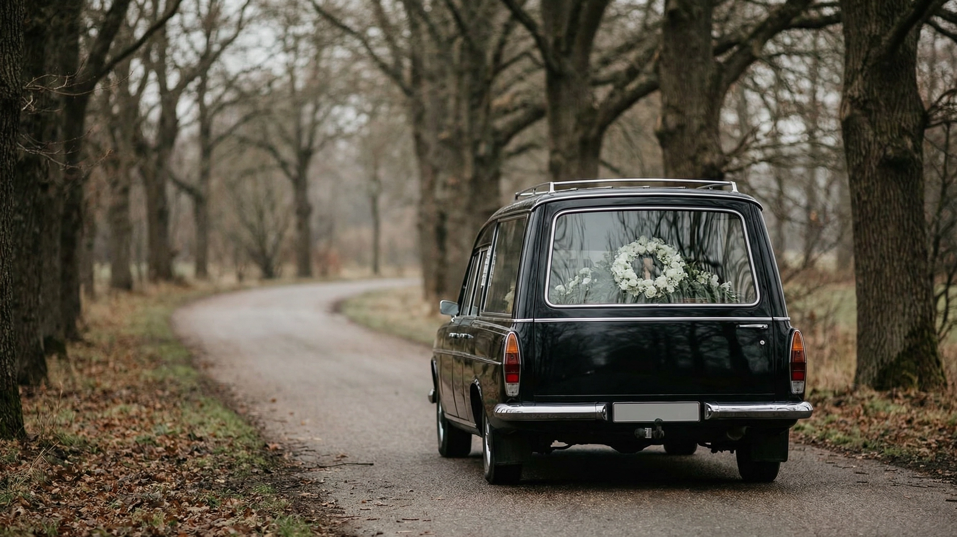 A black hearse with a white floral arrangement visible through the rear window, driving along a quiet tree-lined lane covered in autumn leaves, representing the costs involved in arranging a funeral
