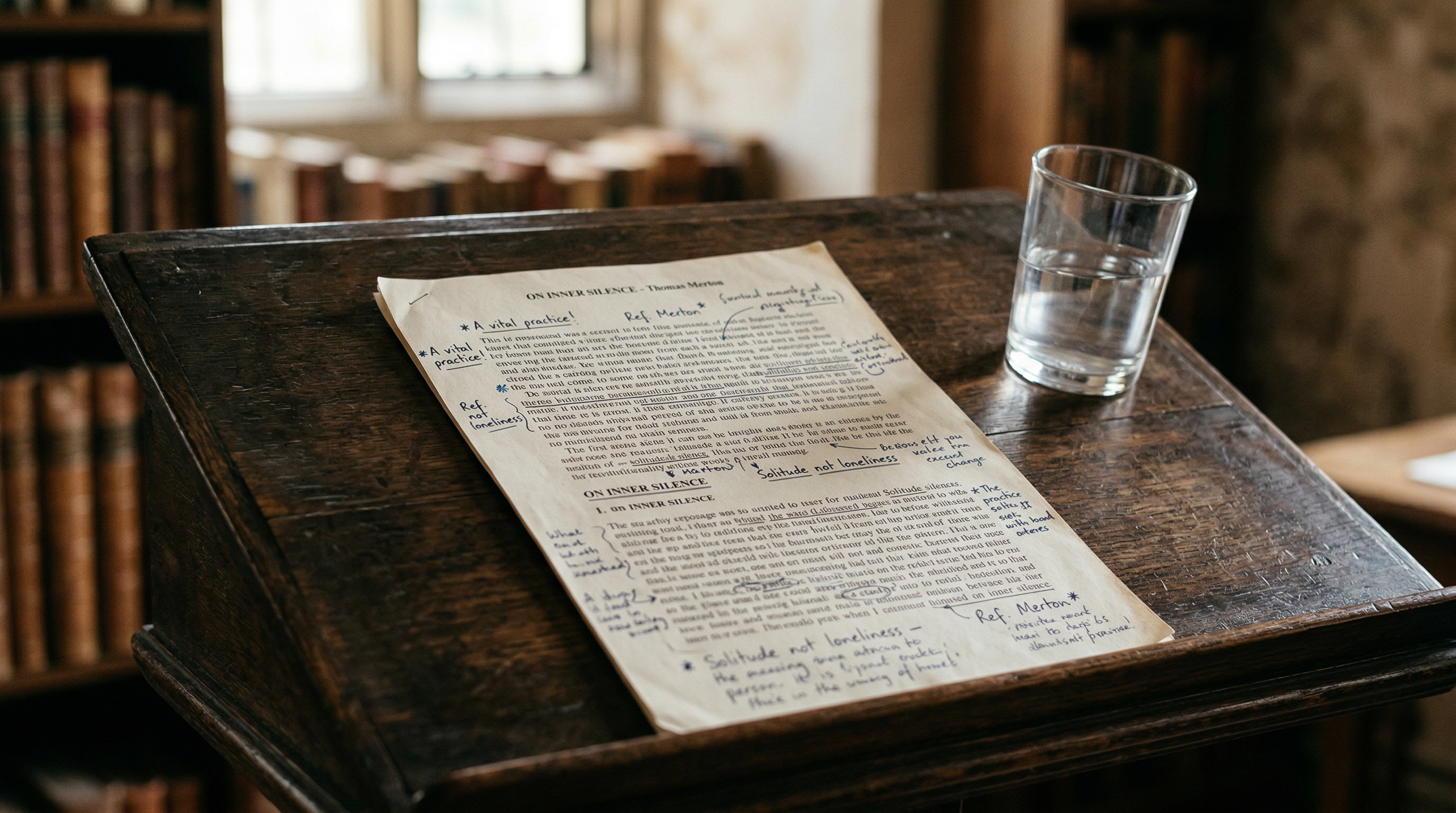 Annotated printed pages with handwritten notes resting on a dark wooden lectern beside a glass of water, with bookshelves softly blurred in the background, representing the preparation involved in writing and delivering a eulogy at a funeral
