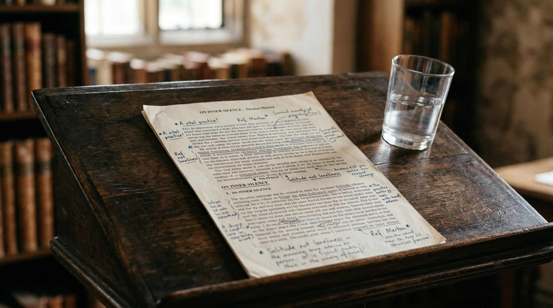 Annotated printed pages with handwritten notes resting on a dark wooden lectern beside a glass of water, with bookshelves softly blurred in the background, representing the preparation involved in writing and delivering a eulogy at a funeral