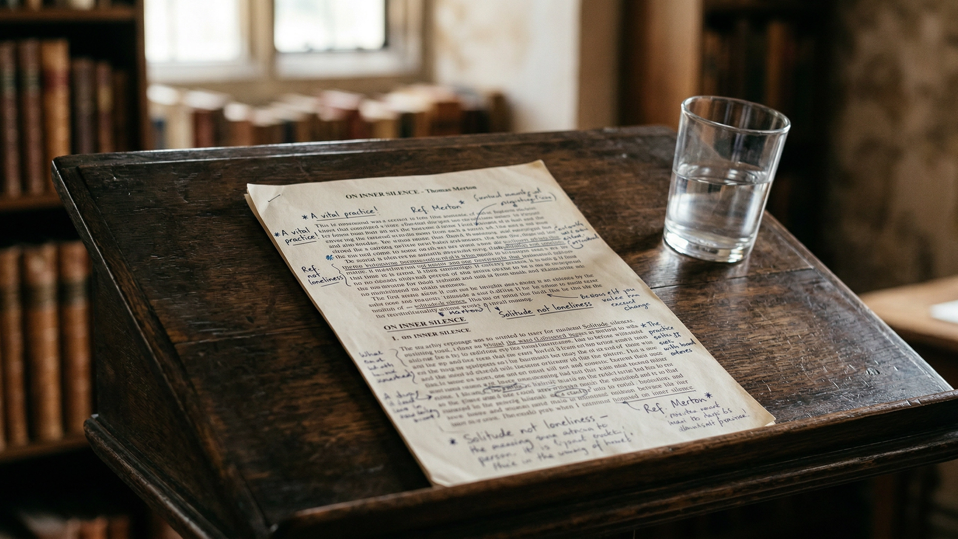 Annotated printed pages with handwritten notes resting on a dark wooden lectern beside a glass of water, with bookshelves softly blurred in the background, representing the preparation involved in writing and delivering a eulogy at a funeral