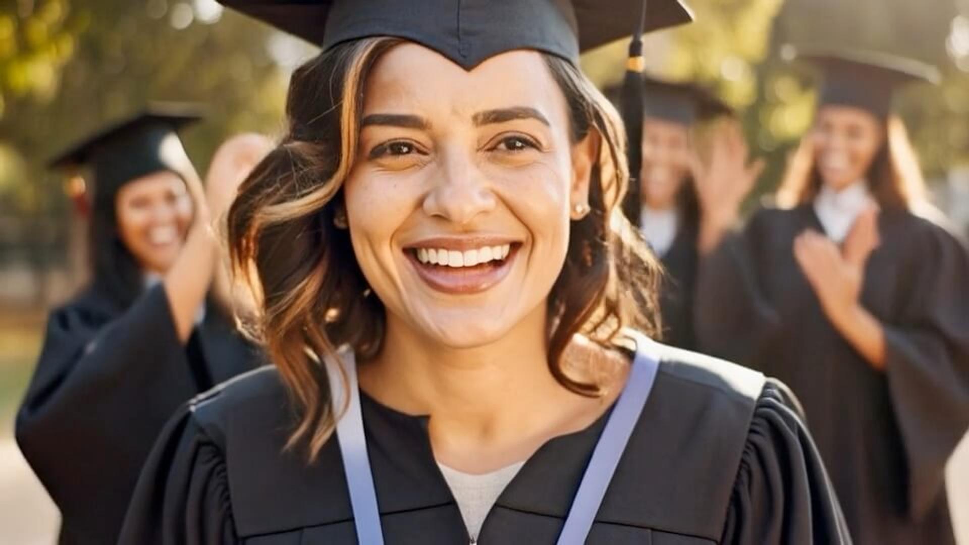 Having fun at her students graduation, she pretends she is graduating