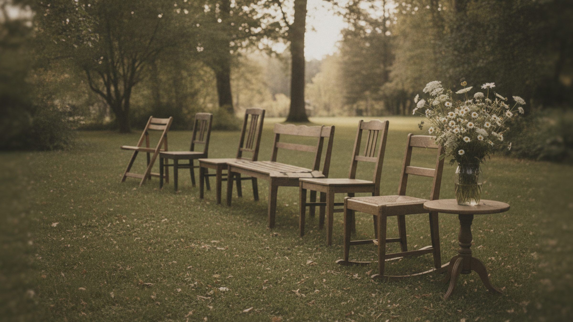 A row of mismatched wooden chairs on a garden lawn with a vase of white wildflowers, set out for a small family memorial gathering at home