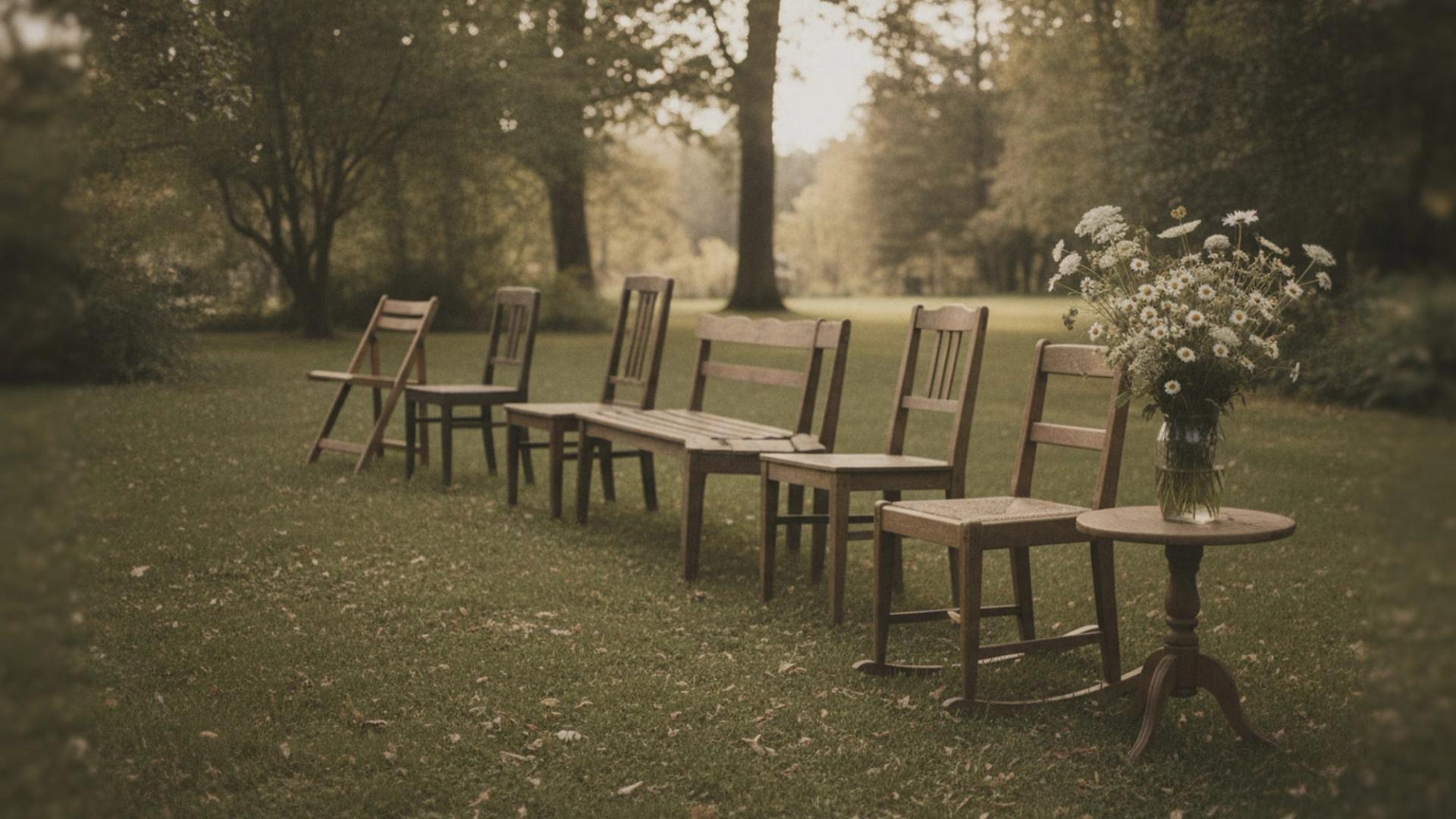 A row of mismatched wooden chairs on a garden lawn with a vase of white wildflowers, set out for a small family memorial gathering at home