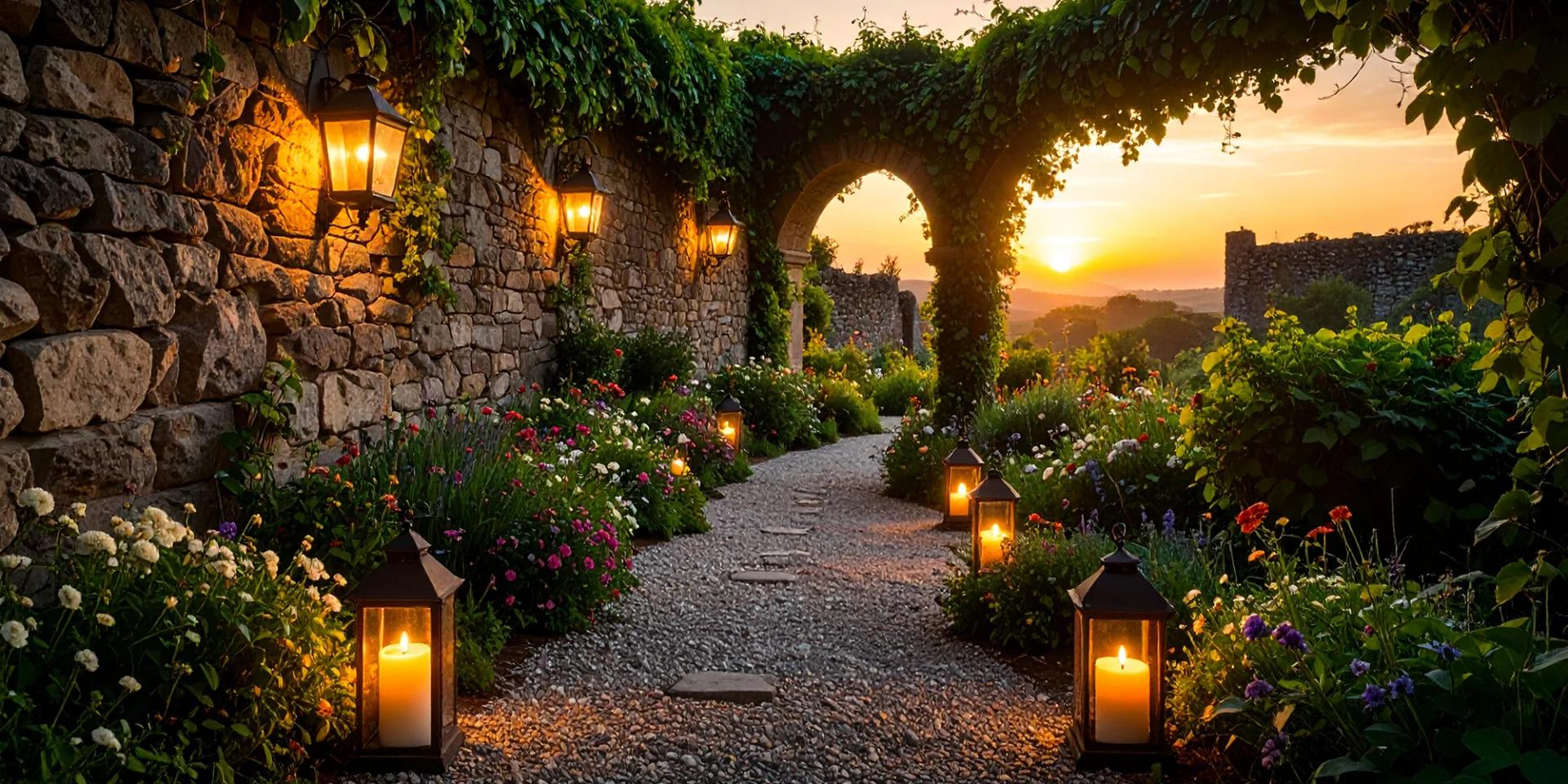 Stone archway over a garden path lined with lanterns at sunset