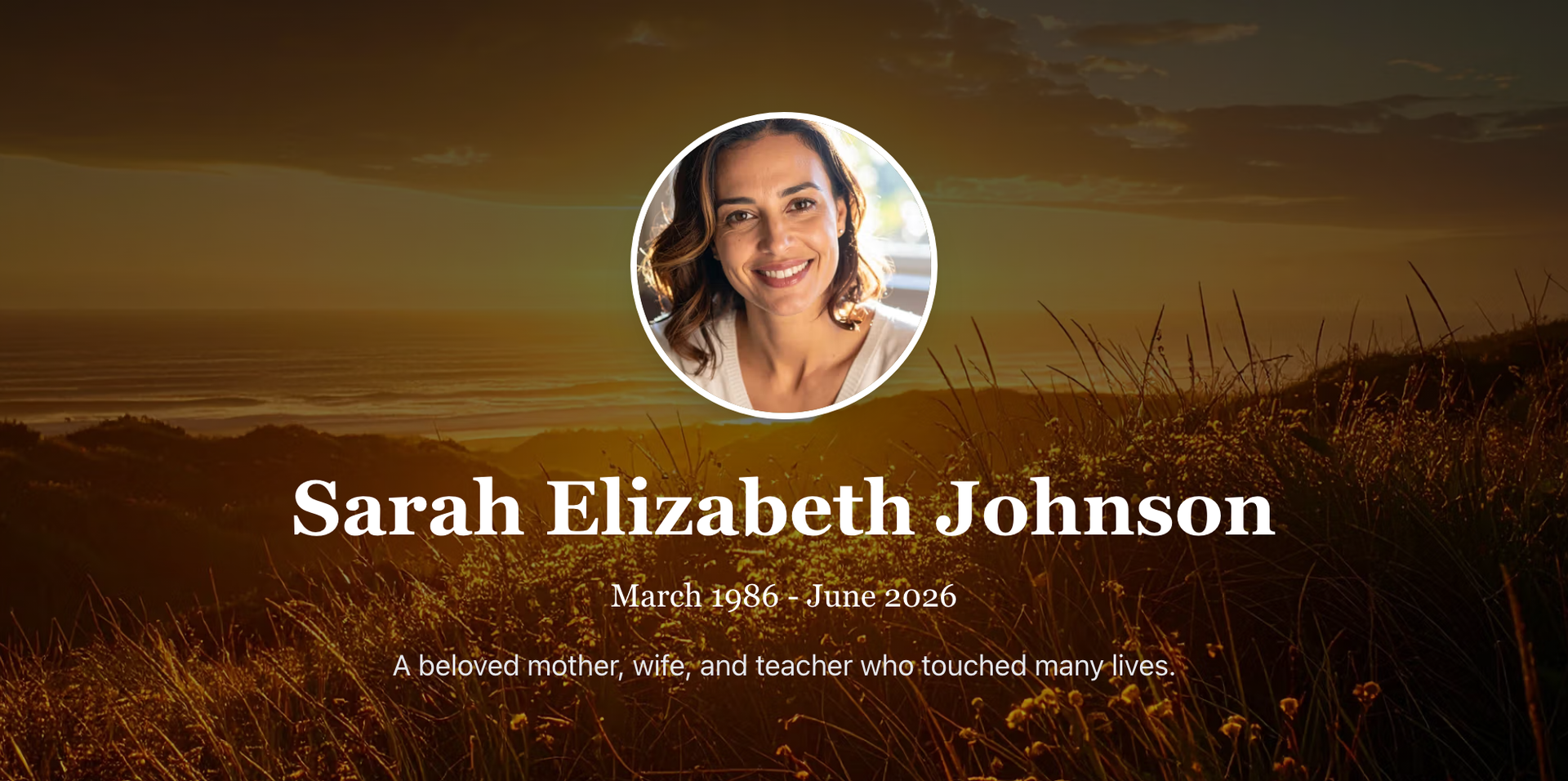 A finished memorial page as guests see it: a golden-hour hillside cover photograph with Sarah Elizabeth Johnson's portrait, name and dates