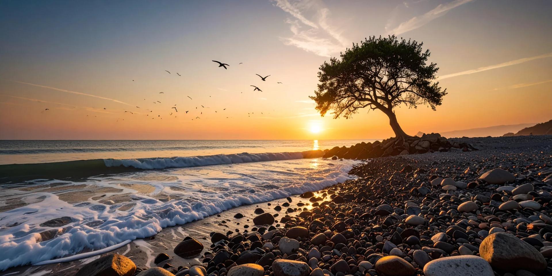 Lone tree on a rocky beach with birds in flight at golden sunset