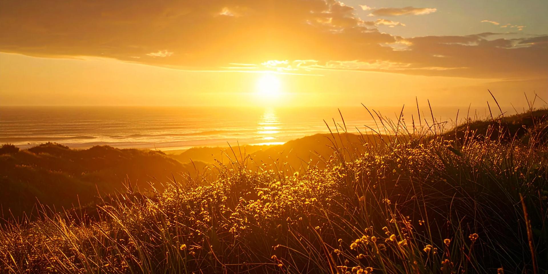 Golden sunset light over coastal hills and a calm ocean