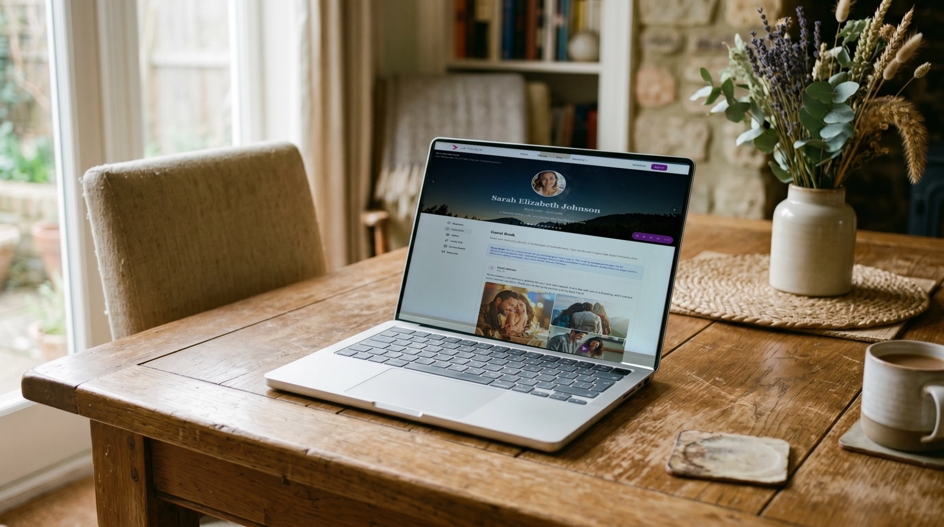 An example Left This World memorial page shown on a laptop, sitting on a wooden table in a quiet interior.