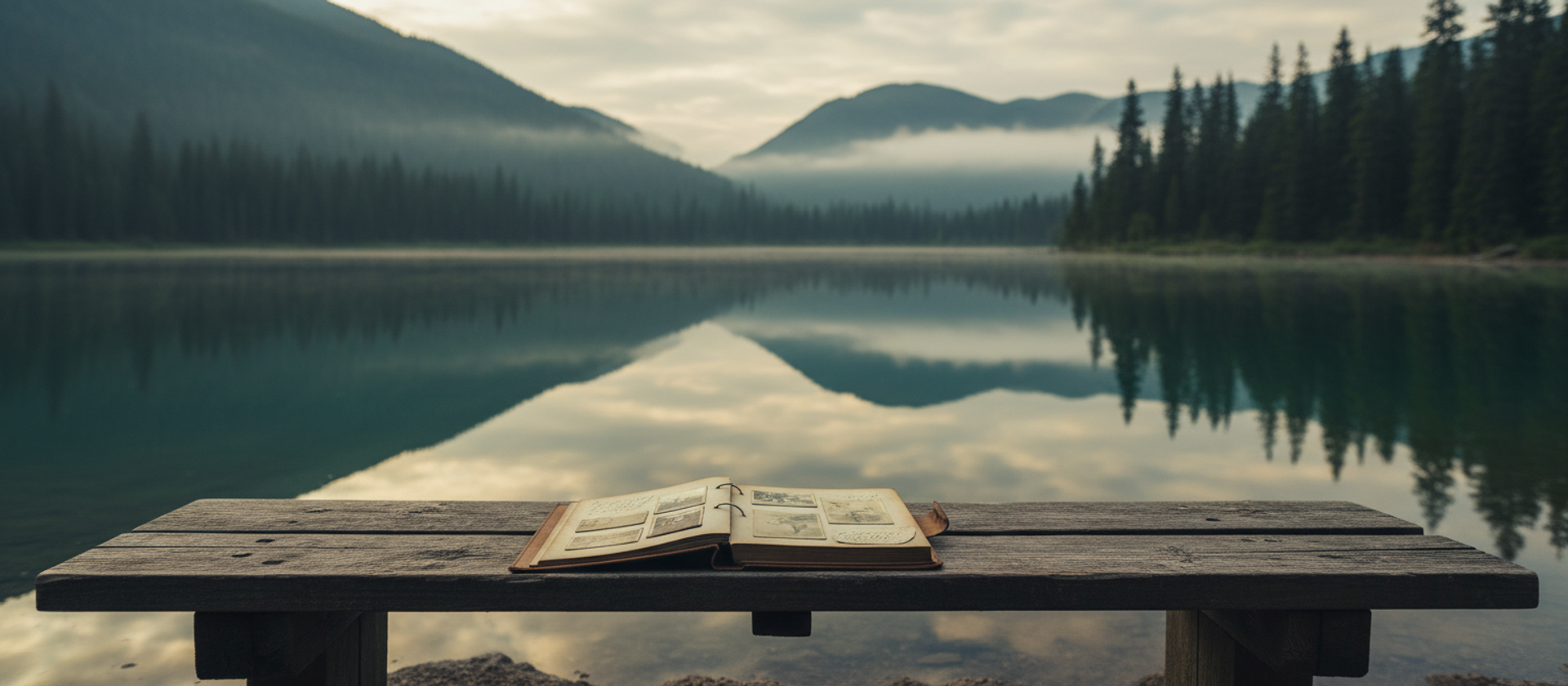 An open photo album resting on a wooden bench beside a still lake at dawn, symbolising remembrance and preserving memories of loved ones