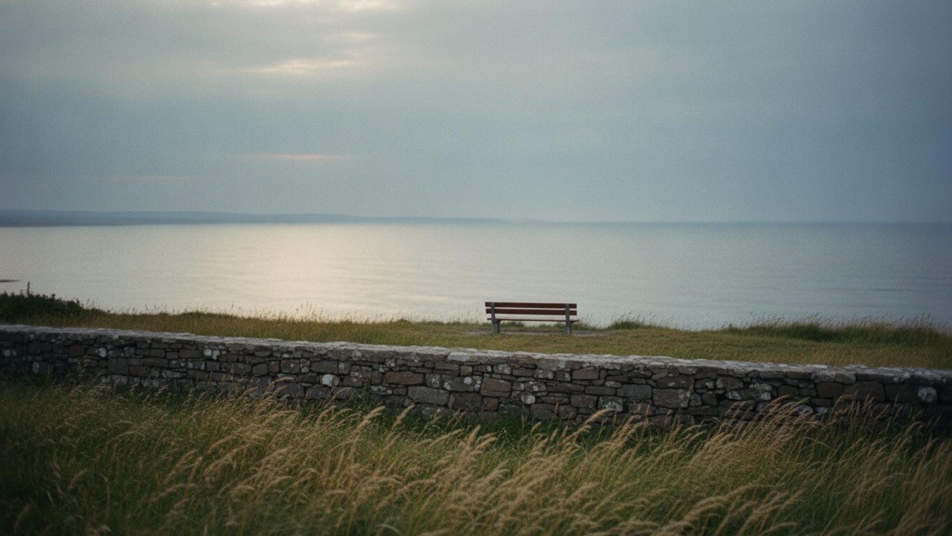 An empty wooden bench on a grassy clifftop behind a dry-stone wall, looking out over a calm grey sea on the Irish coast at dawn