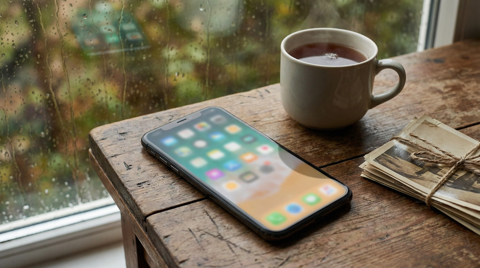 A smartphone resting on a wooden surface beside old photographs and a cup of tea on a rainy day, representing the question of what happens to social media accounts after someone dies