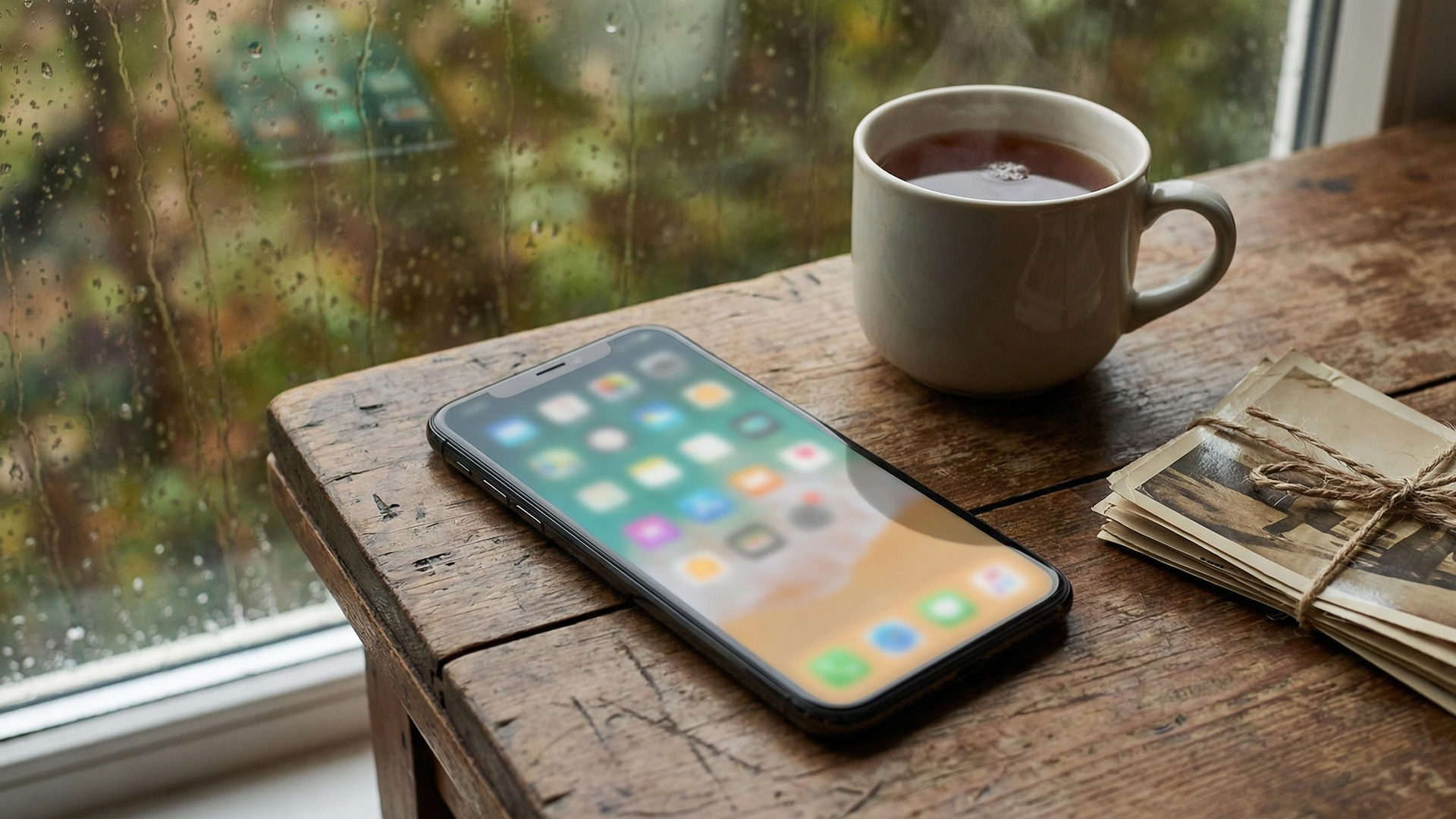 A smartphone resting on a wooden surface beside old photographs and a cup of tea on a rainy day, representing the question of what happens to social media accounts after someone dies