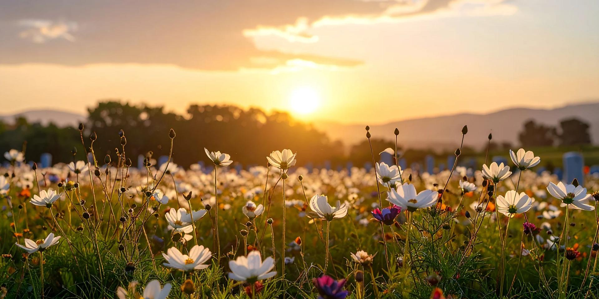 Field of white cosmos flowers glowing in the sunset light